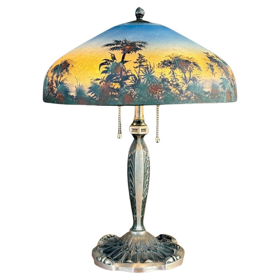 Arts & Crafts Pittsburgh Reverse Painted Farmhouse Table Lamp For Sale