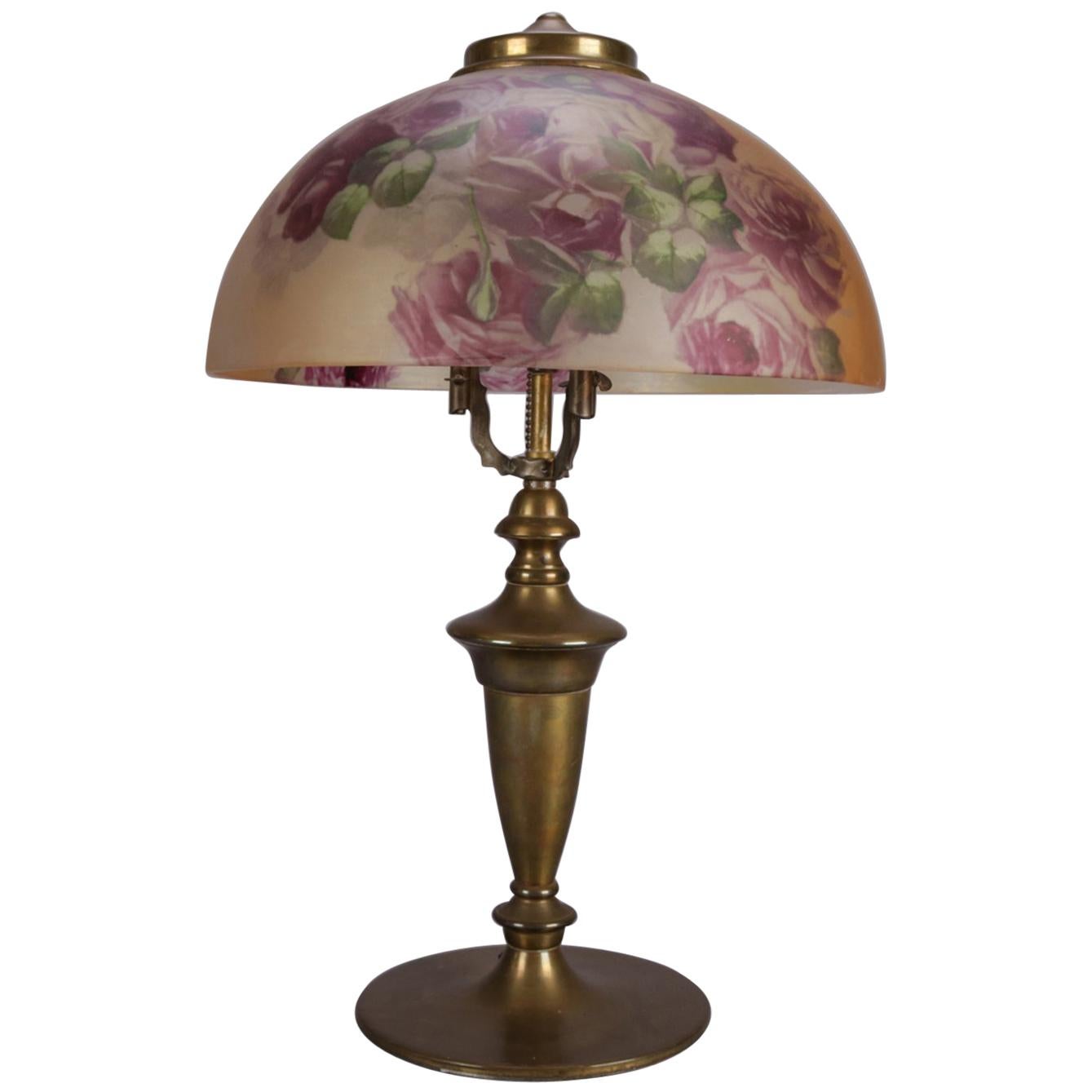 Arts & Crafts Pittsburgh Reverse Painted Table Lamp, Roses, circa 1920