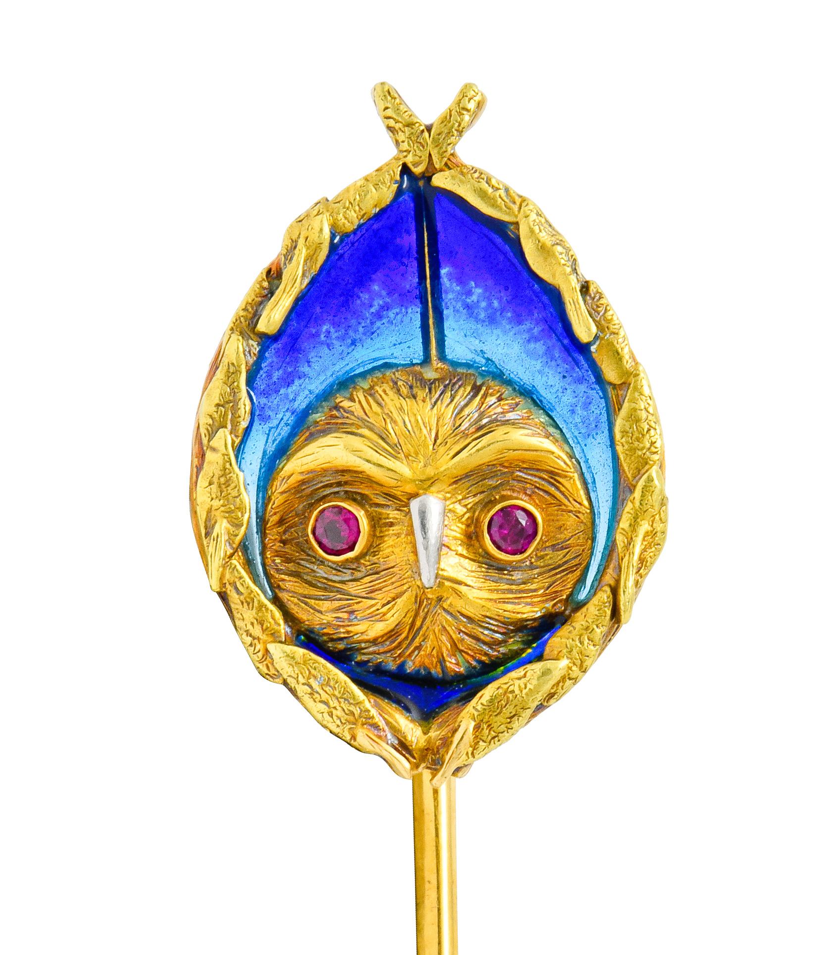 Women's or Men's Arts & Crafts Plique-à-Jour Enamel Ruby 18 Karat Gold Foliate Owl Stickpin