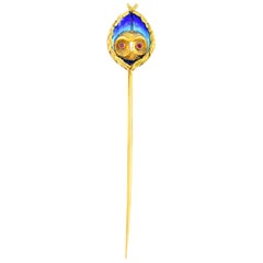 Arts & Crafts Plique-à-Jour Enamel Ruby 18 Karat Gold Foliate Owl Stickpin