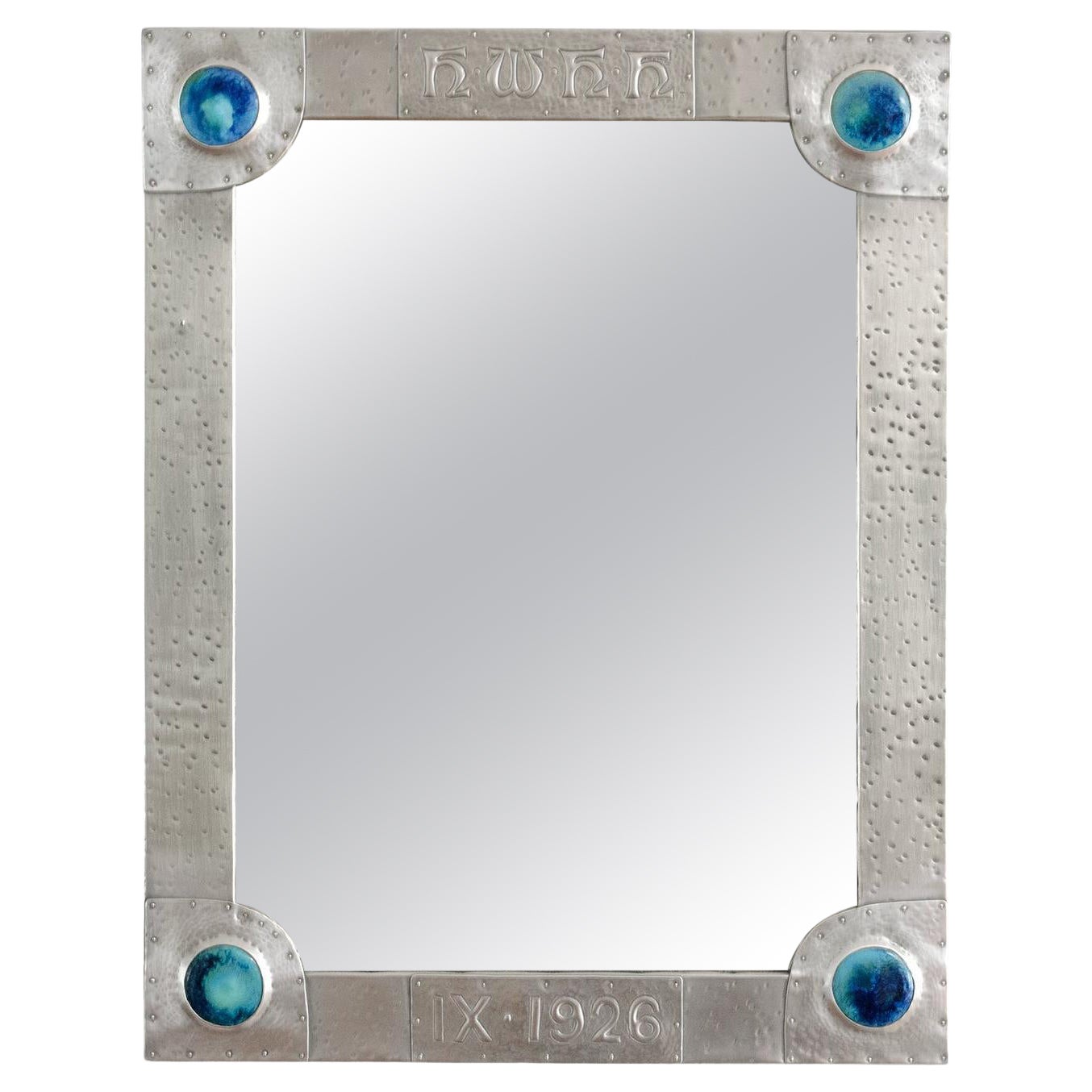 Arts 
Crafts Polished Pewter Wall Mirror with Enameled "cabochons" England 1926