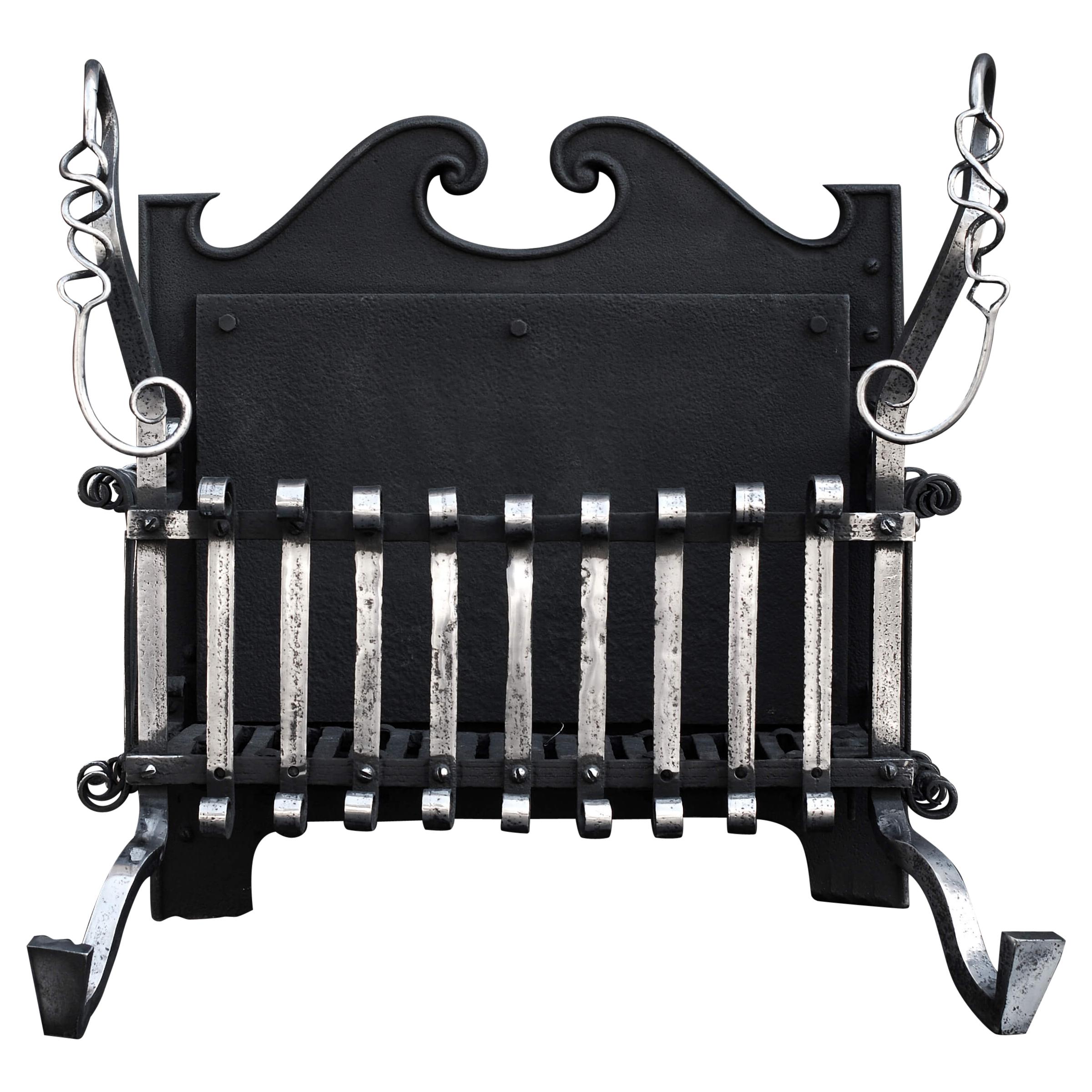 Arts & Crafts Polished Wrought Iron Firegrate For Sale