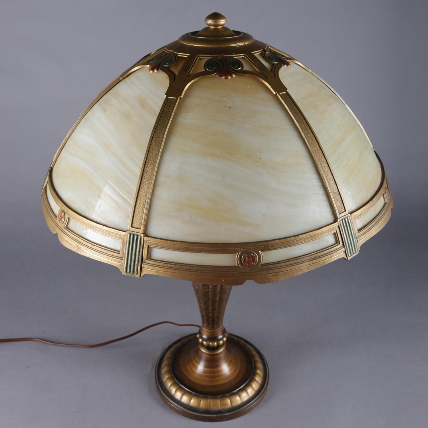 Arts & Crafts Polychromed Bronzed Metal Slag Glass Jefferson Table Lamp 4