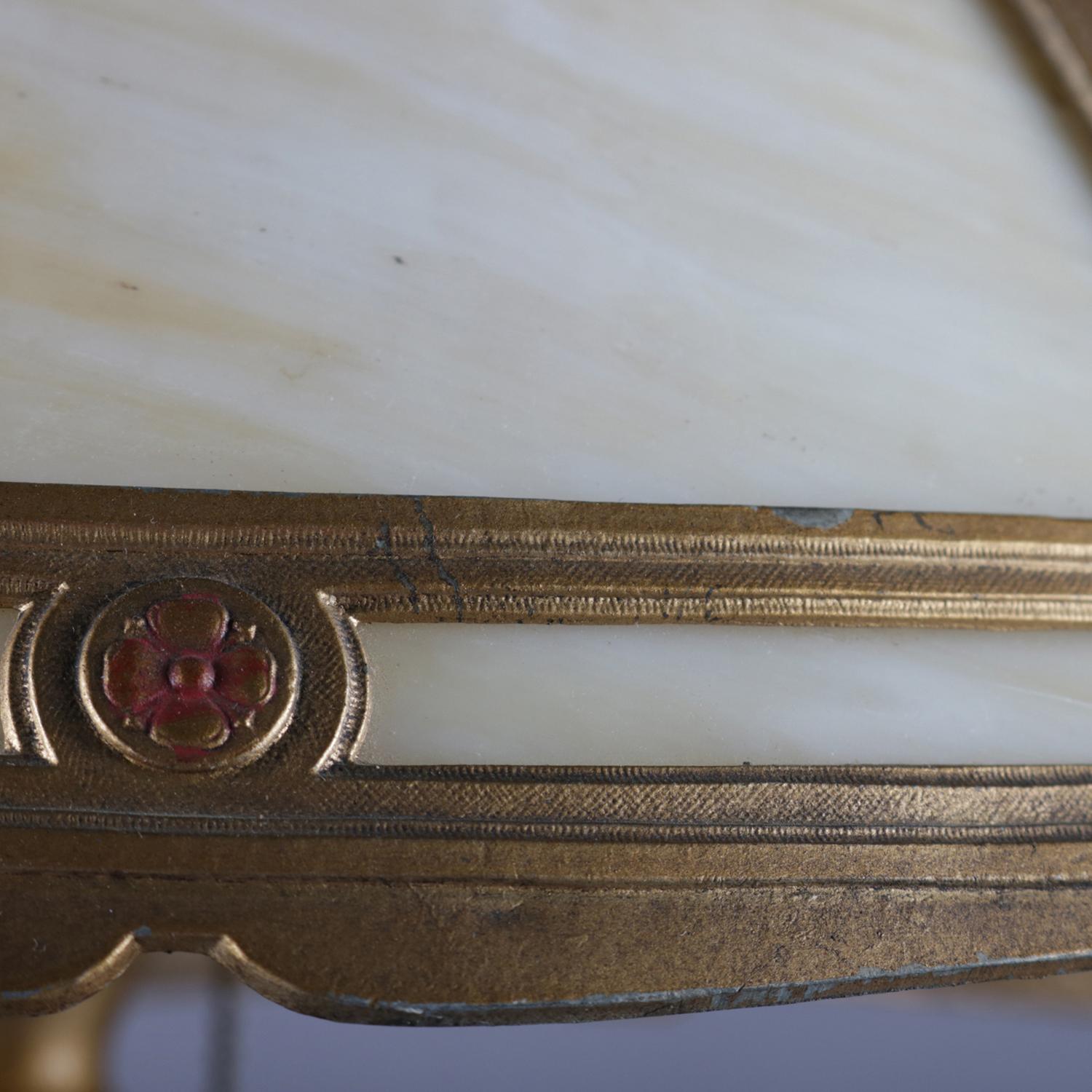 20th Century Arts & Crafts Polychromed Bronzed Metal Slag Glass Jefferson Table Lamp