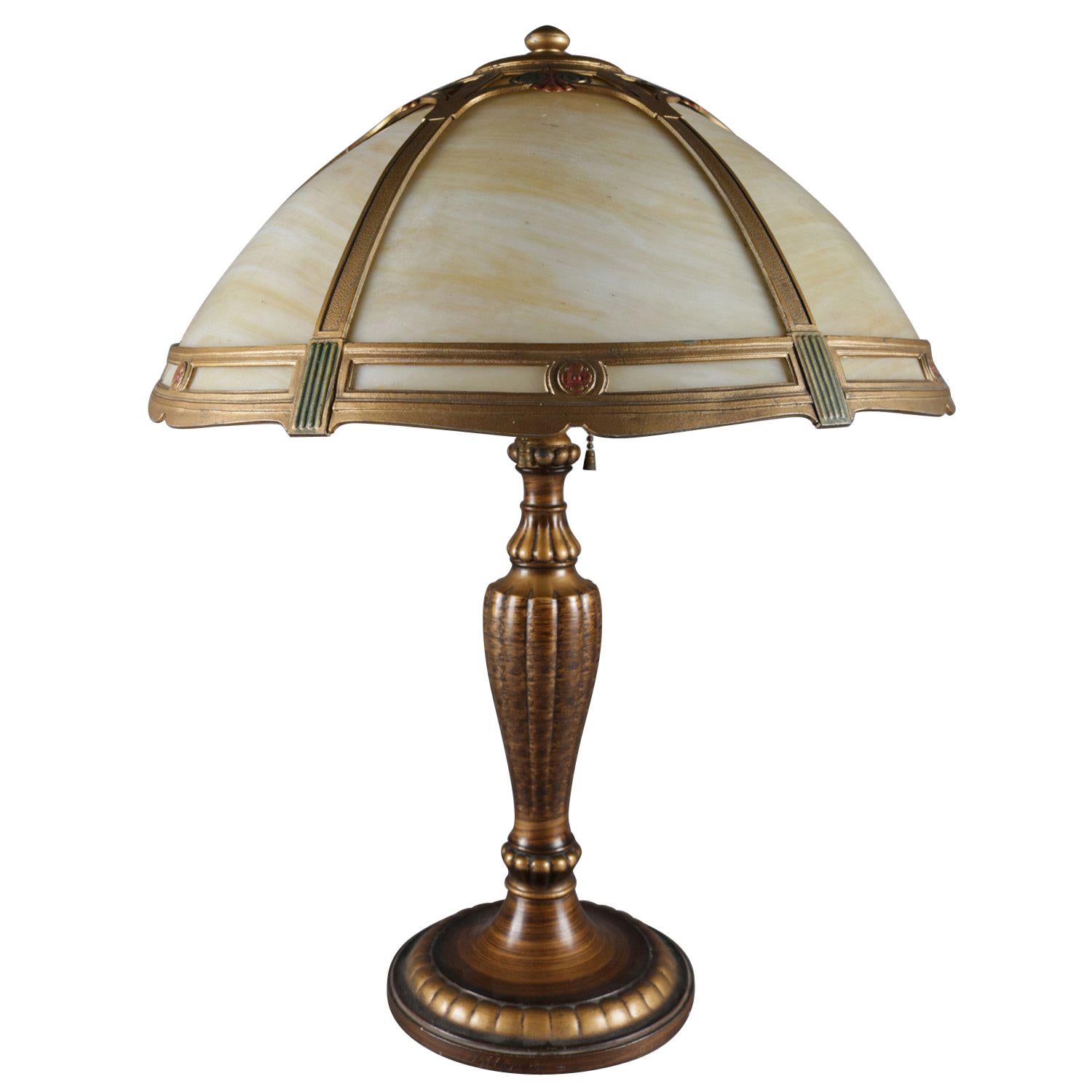 Arts & Crafts Polychromed Bronzed Metal Slag Glass Jefferson Table Lamp