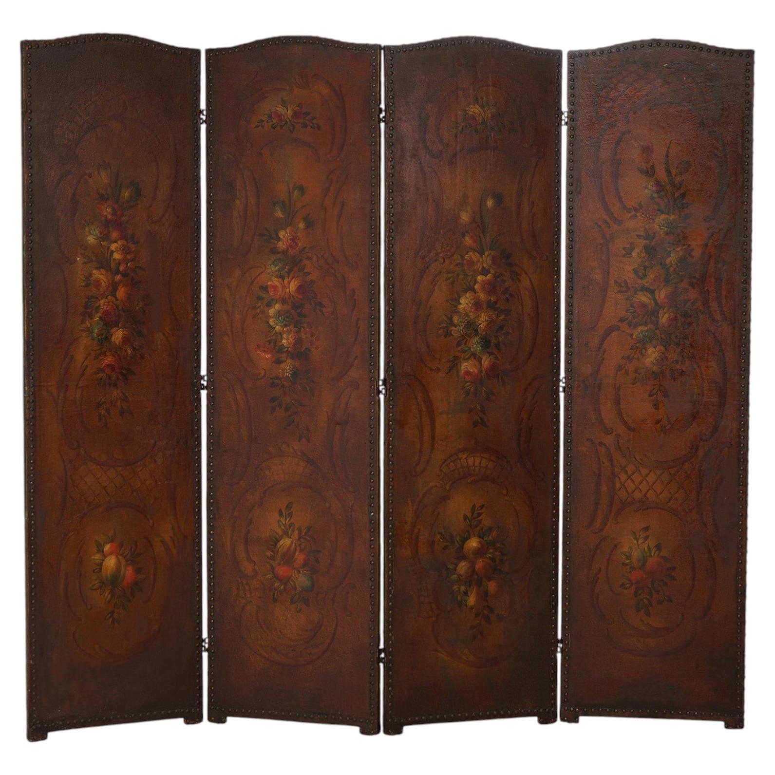 Paravento pieghevole in pelle policroma in stile Arts & Crafts con motivi floreali, 1920 circa