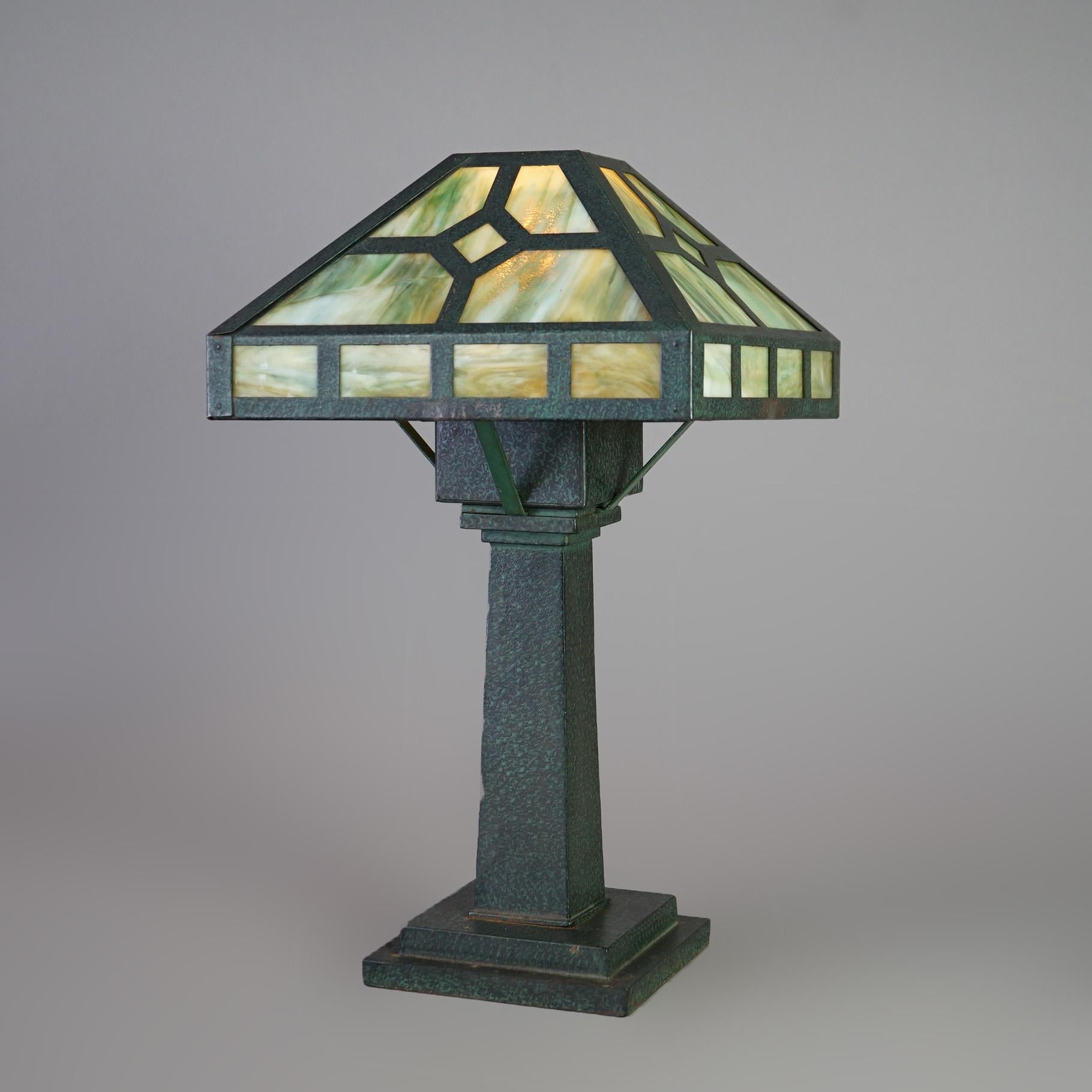 green slag glass lamp