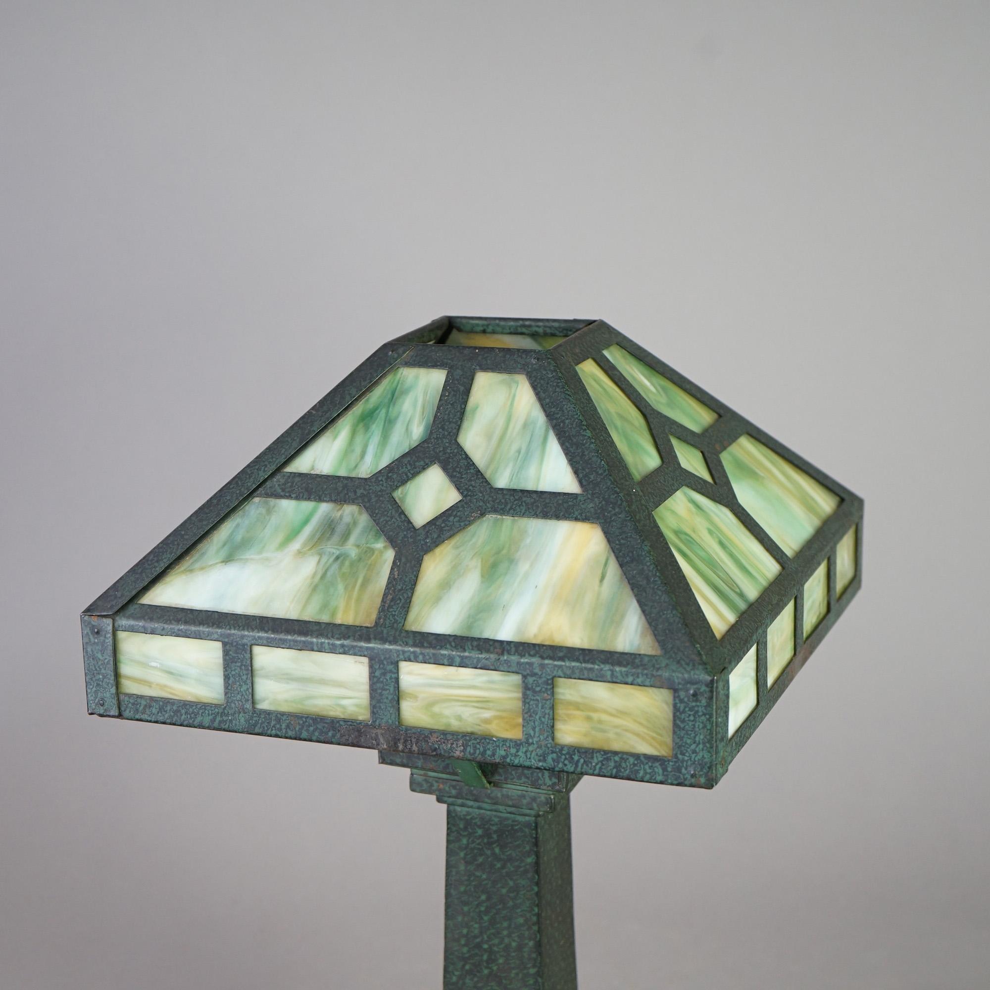 American Arts & Crafts Prairie Mission Style Verdigris Slag Glass Table Lamp 20thC