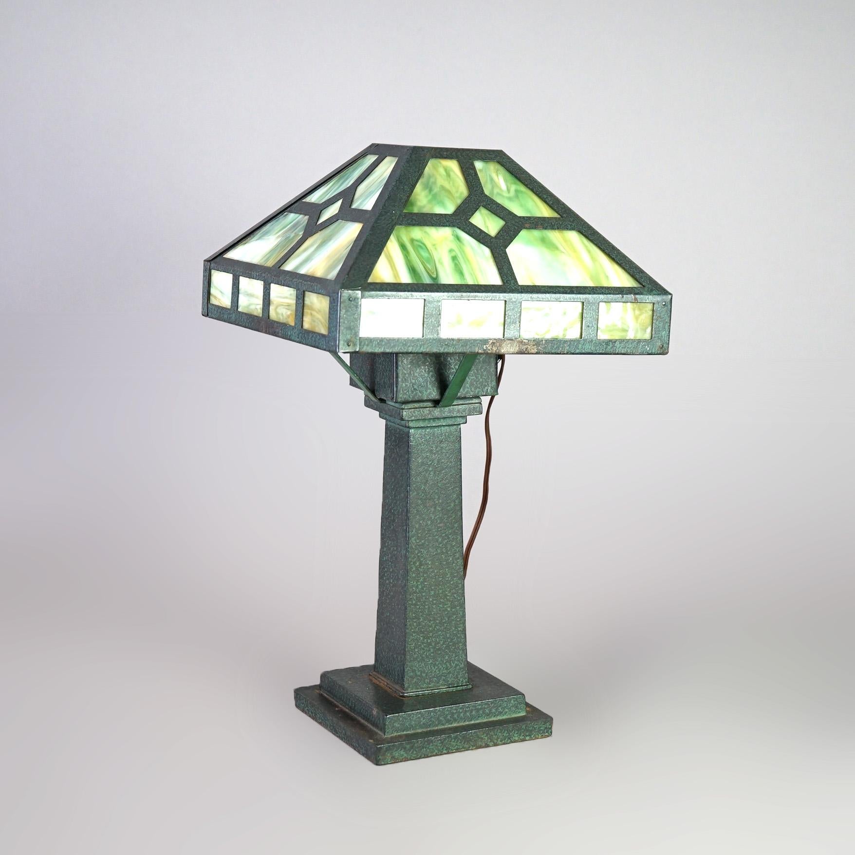 Arts & Crafts Prairie Mission Style Verdigris Slag Glass Table Lamp 20thC In Good Condition In Big Flats, NY