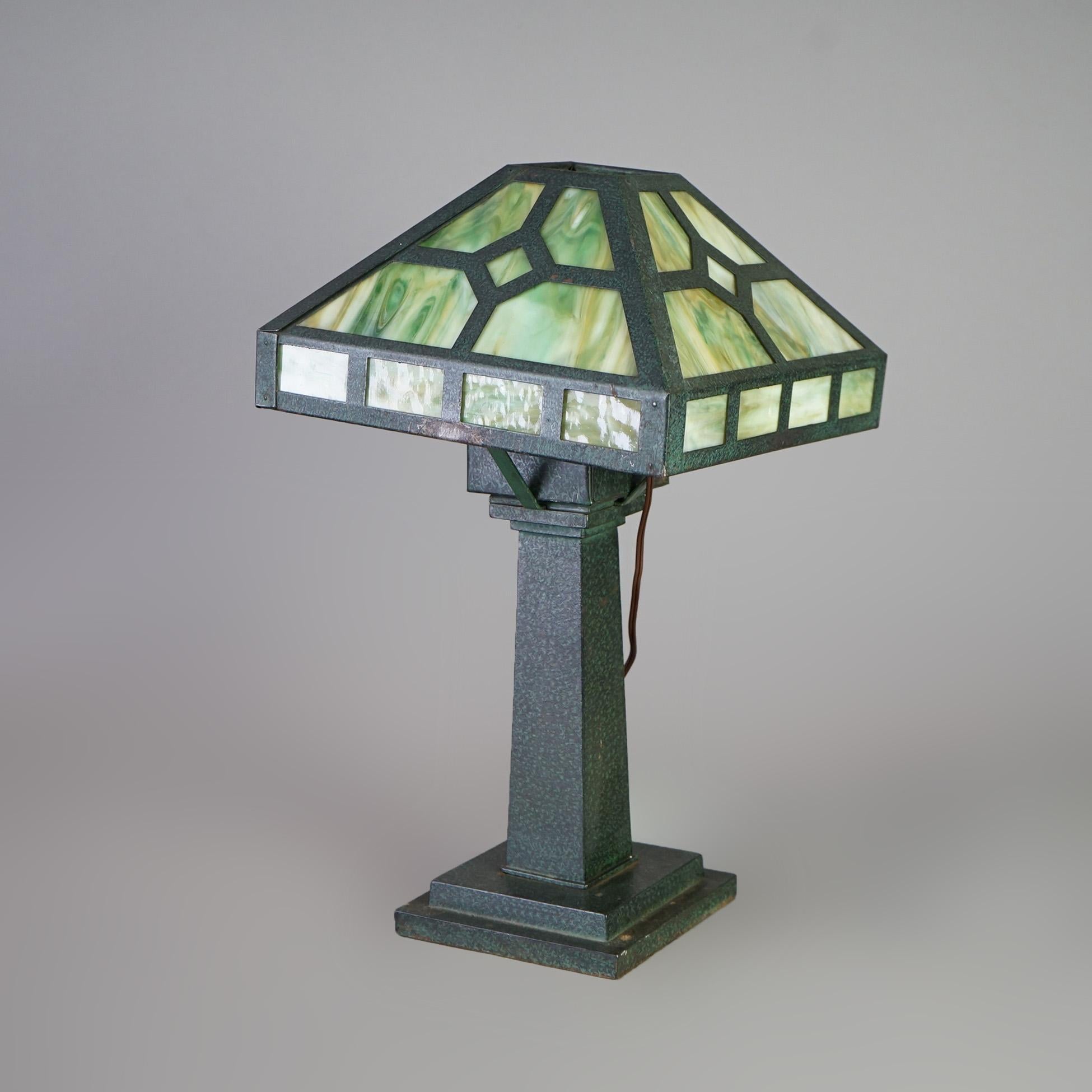 20th Century Arts & Crafts Prairie Mission Style Verdigris Slag Glass Table Lamp 20thC
