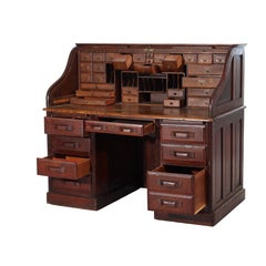 Arts & Crafts Quarter Sawn Oak Paneled Roll Top Desk With Full Interior C1910