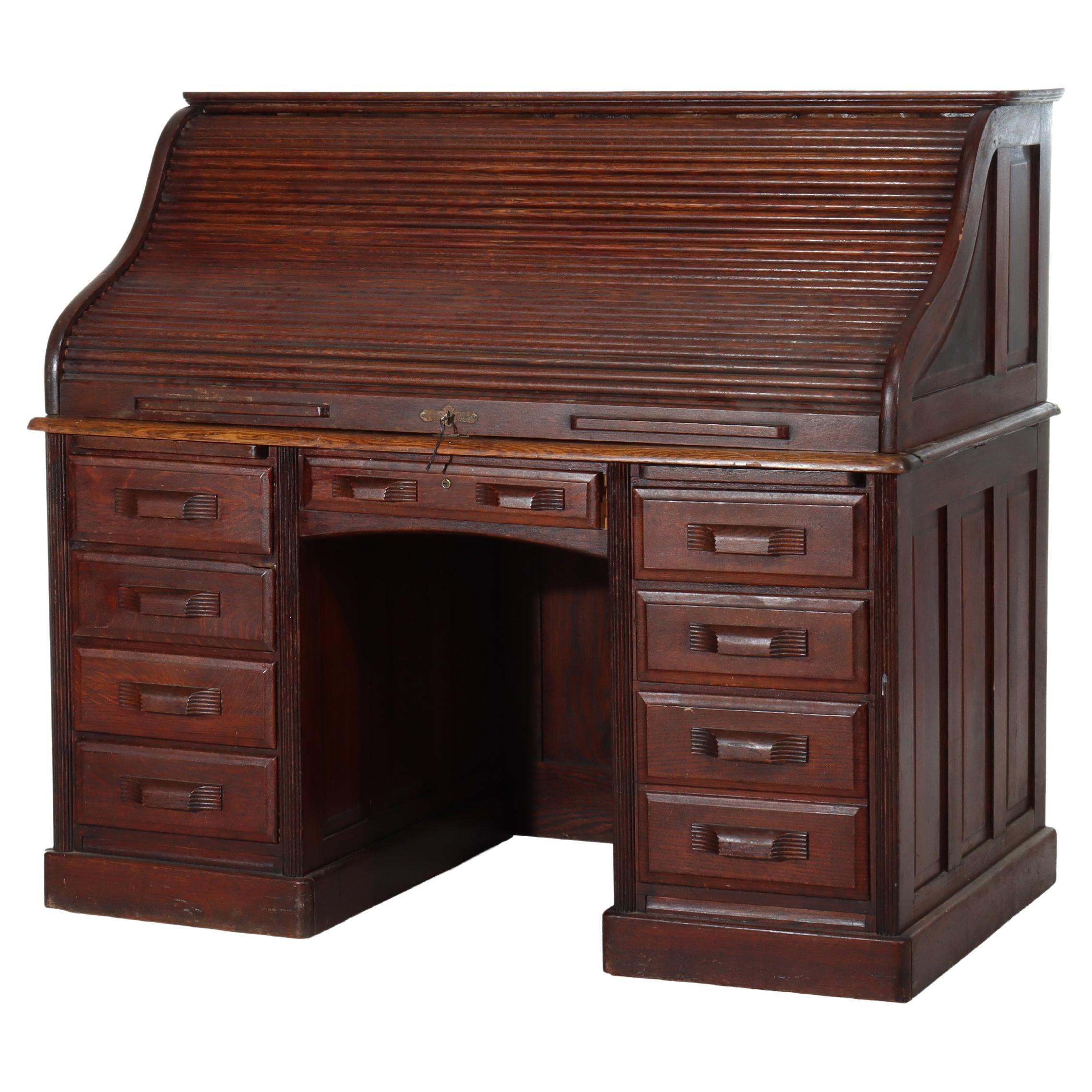 Derby School Paneled Oak Roll Top Desk with Full Interior, Circa