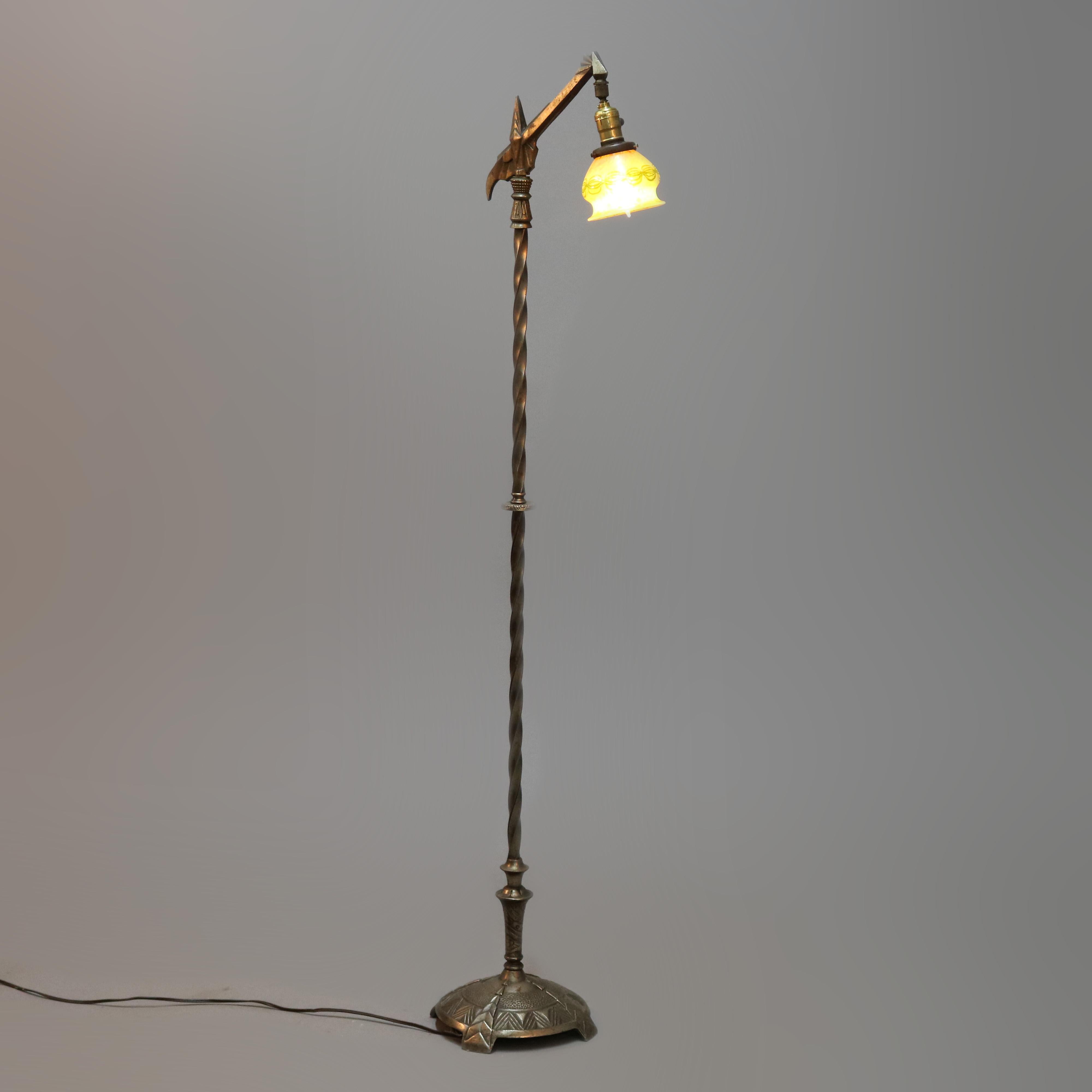 An antique Arts & Crafts goose neck floor lamp in the manner of Rembrandt offers twisted column on footed base and with art glass shade in the manner of Steuben, circa 1910.

Measures: 58.5