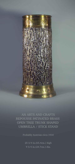 Arts & Crafts Repousse Patinated Brass Open Tree Trunk Umbrella/Stick Stand 1910