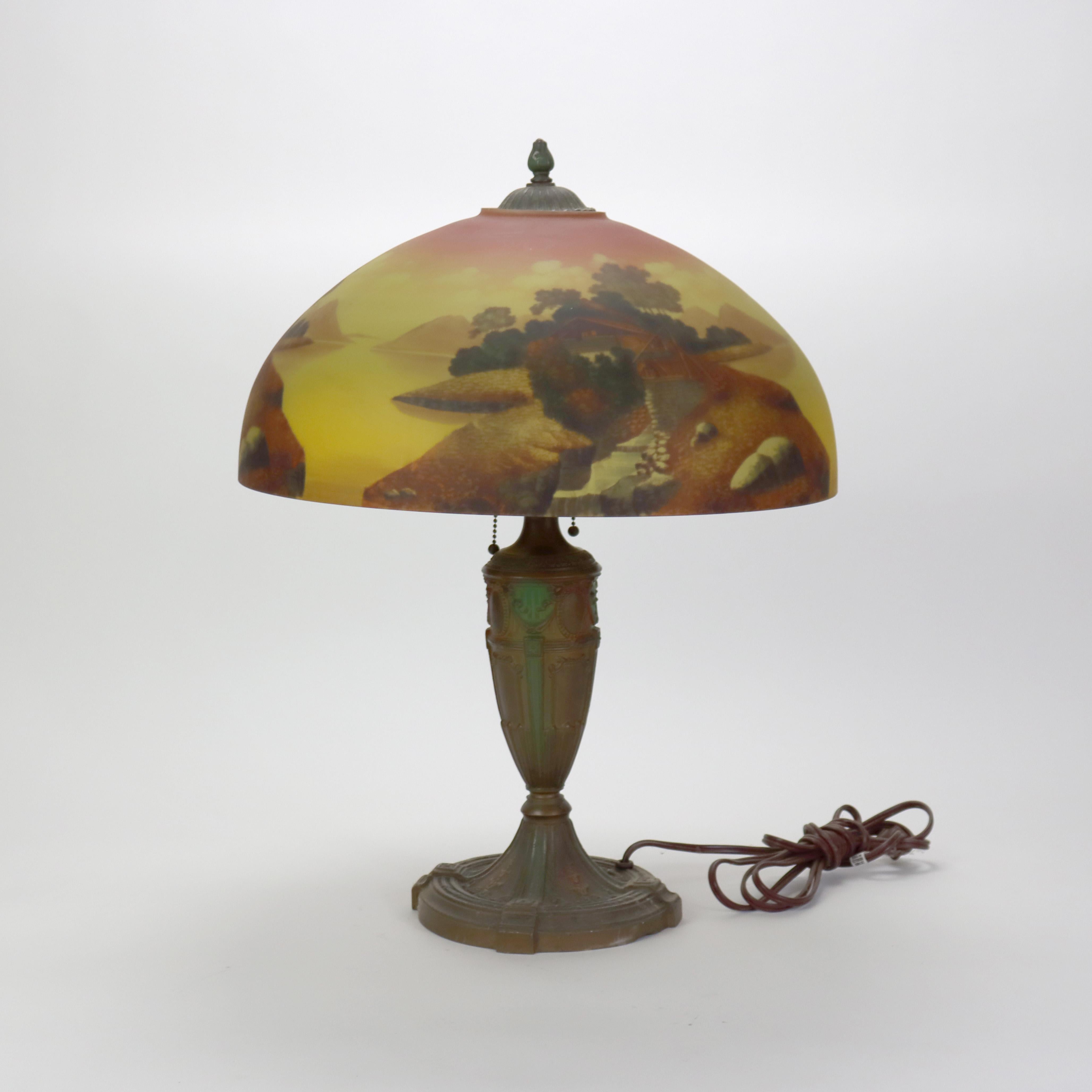 Arts & Crafts Reverse Painted Table Lamp with Mill Scene C1910 (23 3/4