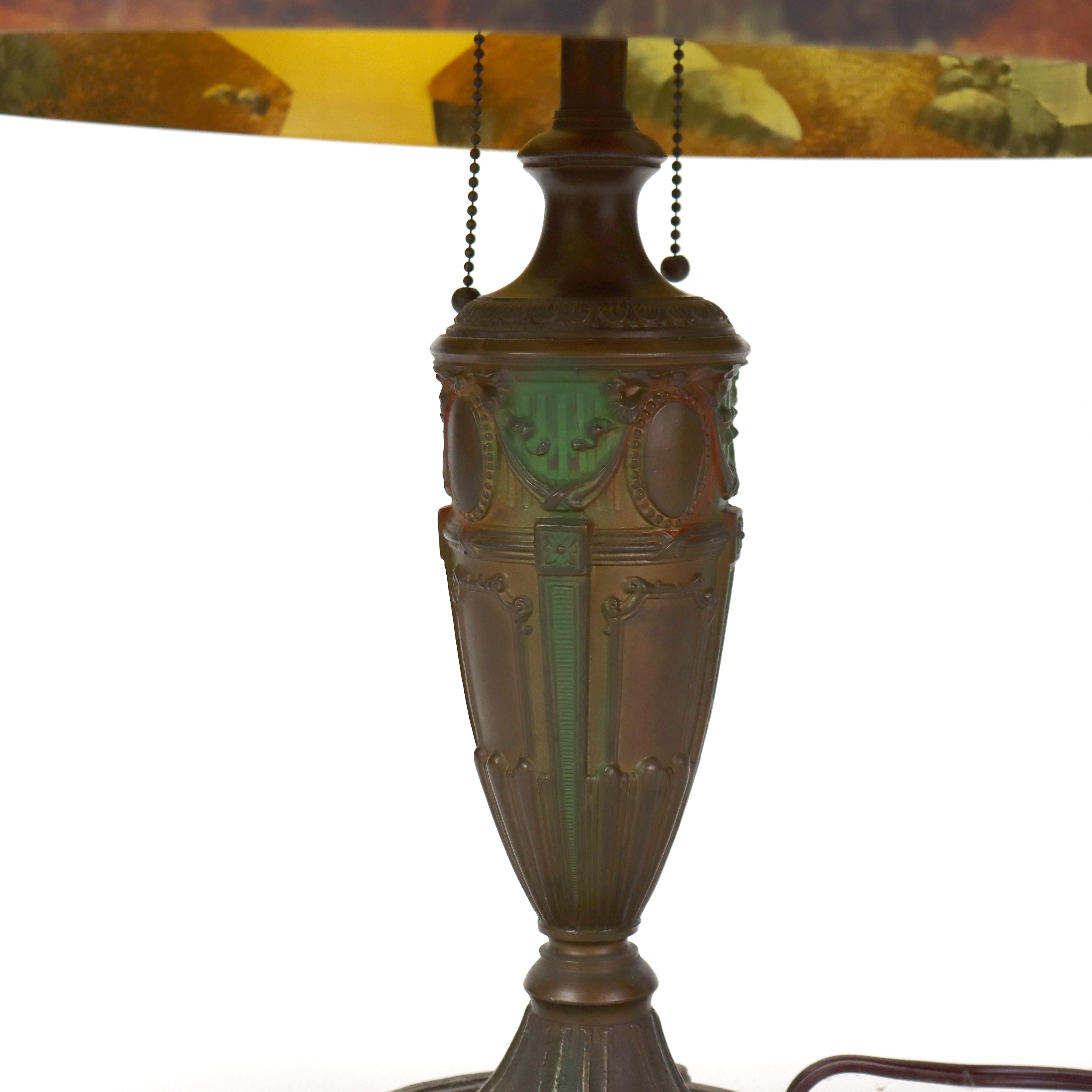 Arts & Crafts Reverse Painted Table Lamp with Mill Scene C1910 In Good Condition For Sale In Big Flats, NY