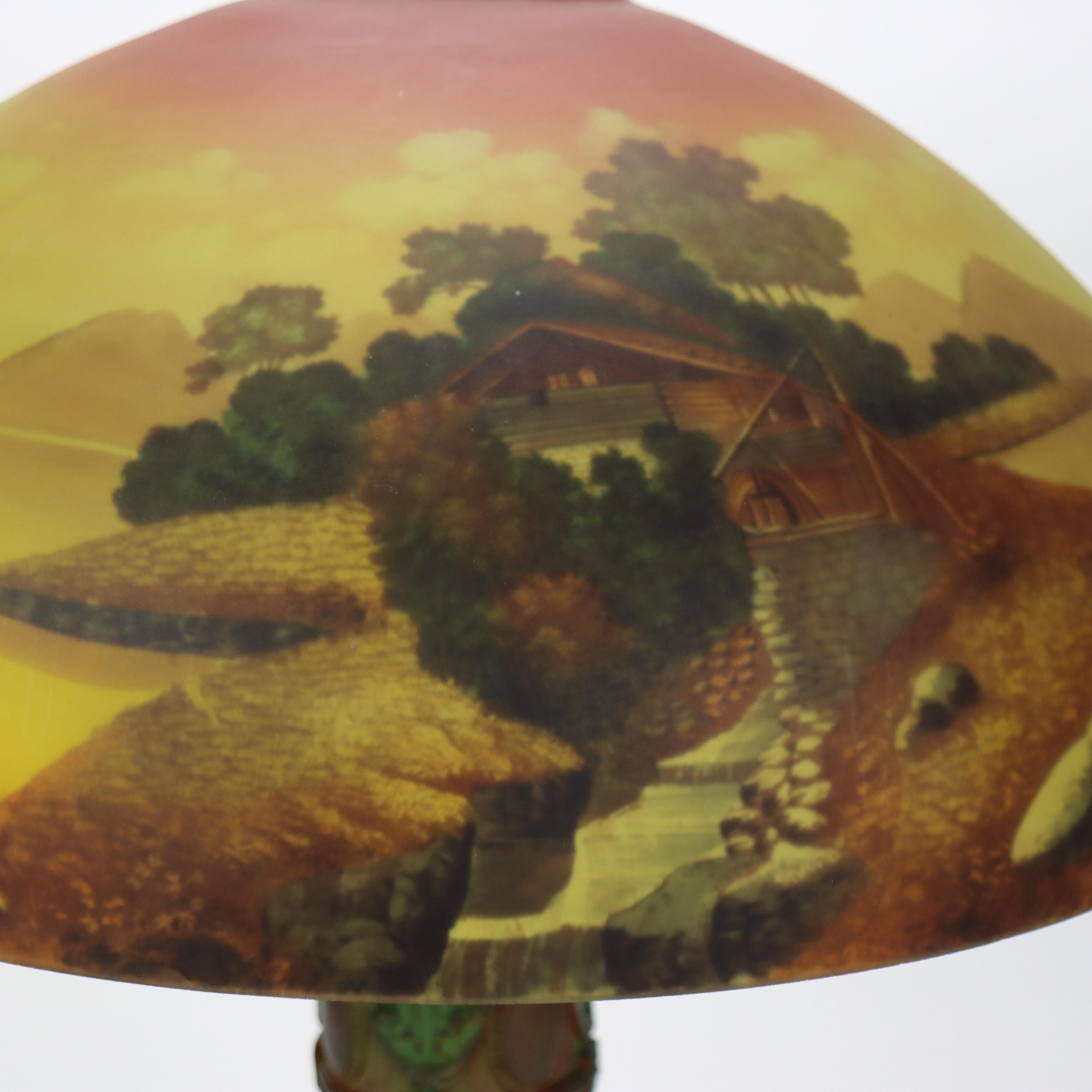 20th Century Arts & Crafts Reverse Painted Table Lamp with Mill Scene C1910 For Sale