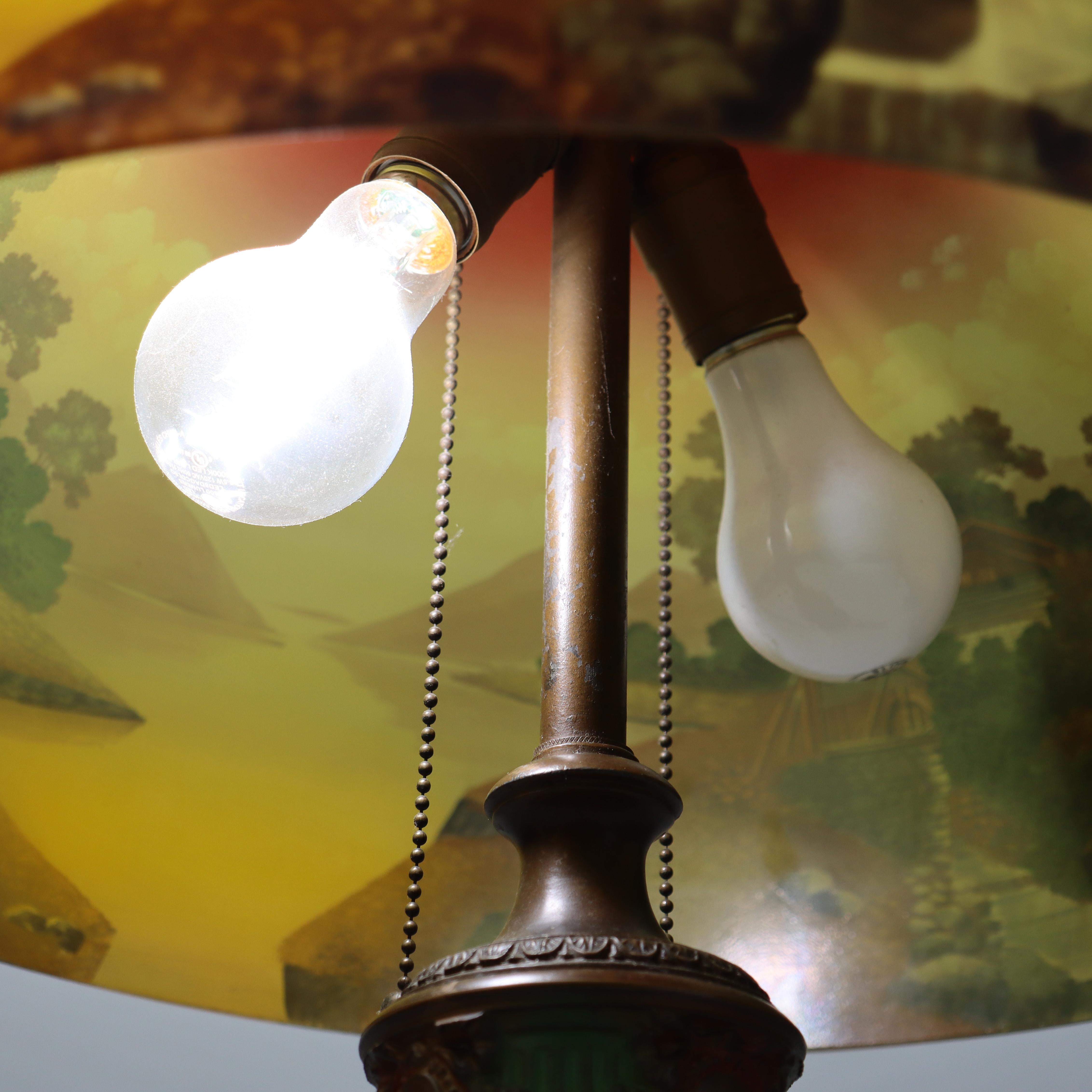 Arts & Crafts Reverse Painted Table Lamp with Mill Scene C1910 For Sale 2
