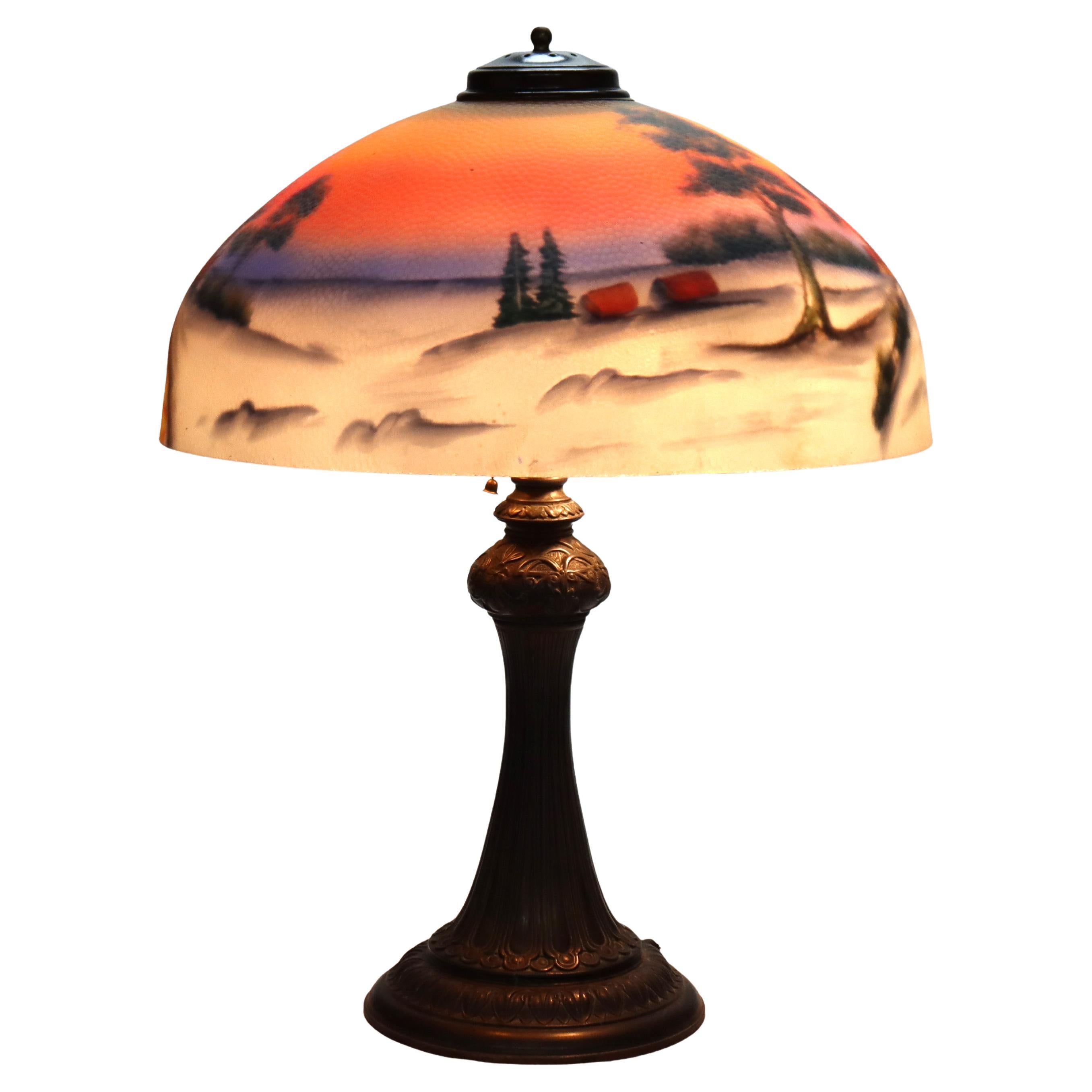 Arts 
Crafts Reverse Painted Winter Landscape Lamp, Manner of Jefferson, c1920 For Sale