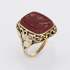 Arts & Crafts Ring Carnelian Intaglio 14k Gold Leaf Motif Antique Jewelry