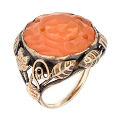 Arts & Crafts Ring Carved Carnelian 14k Gold Leaf Motif Antique Jewelry