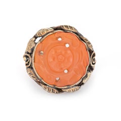Arts & Crafts Ring Carved Carnelian 14k Gold Leaf Motif Antique Jewelry
