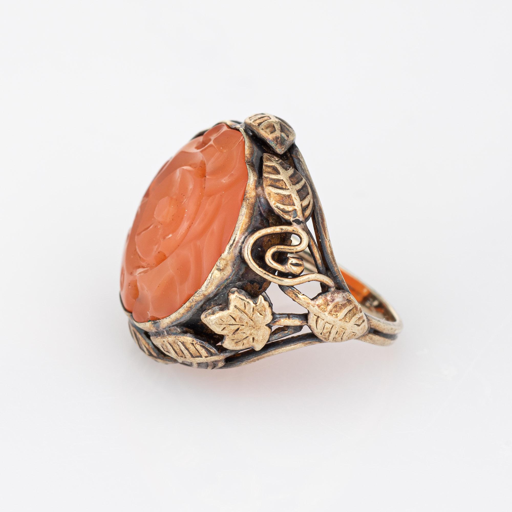 Arts and Crafts Arts & Crafts Ring Carved Carnelian 14k Gold Leaf Motif Antique Jewelry For Sale