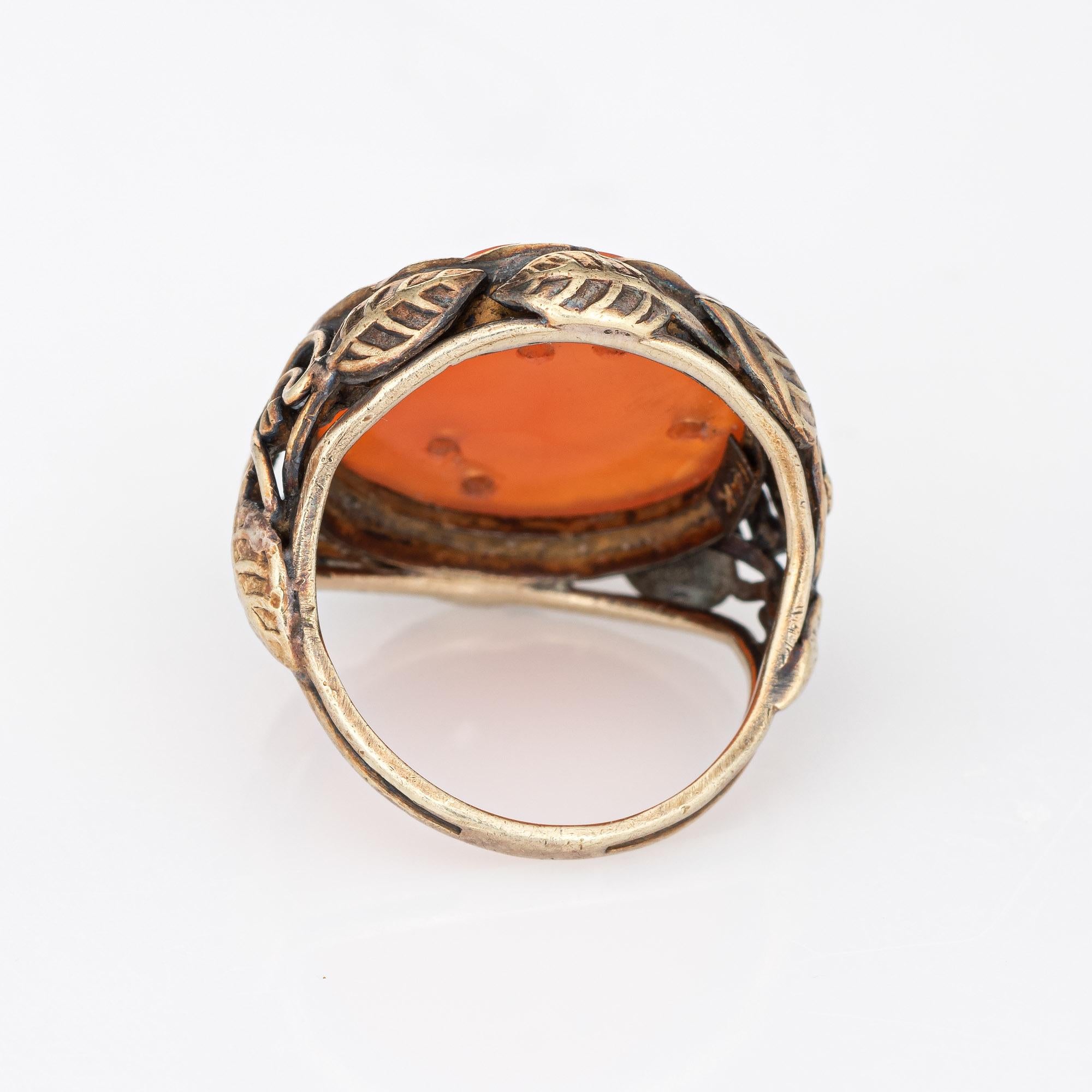 Cabochon Arts & Crafts Ring Carved Carnelian 14k Gold Leaf Motif Antique Jewelry For Sale