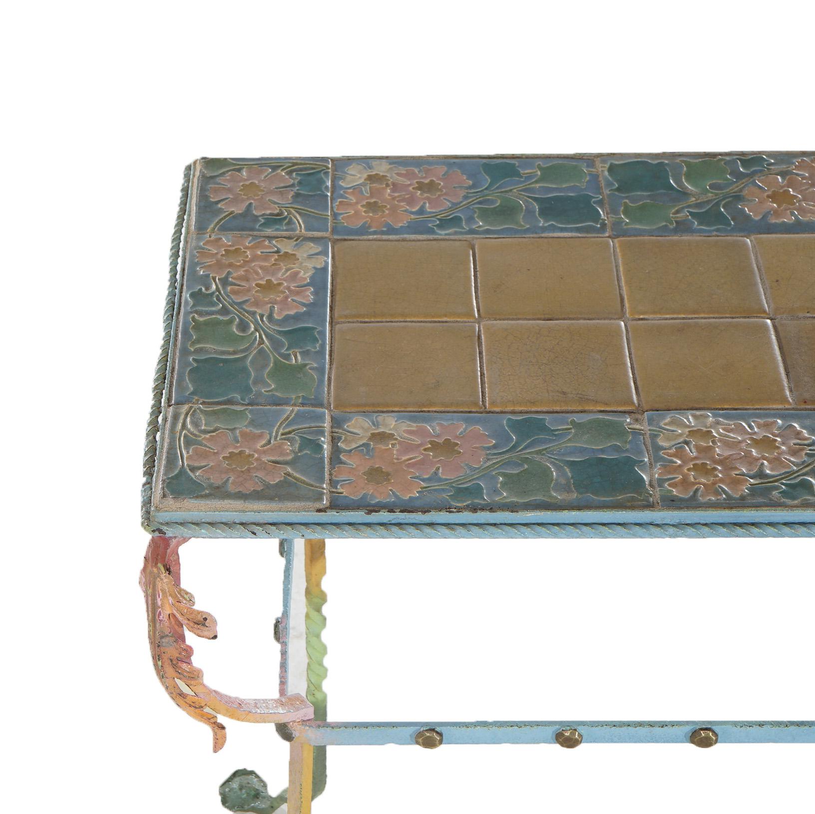 Arts and Crafts Arts & Crafts Rookwood or Grueby Pottery Tile Top Wrought Iron Table C1910 For Sale