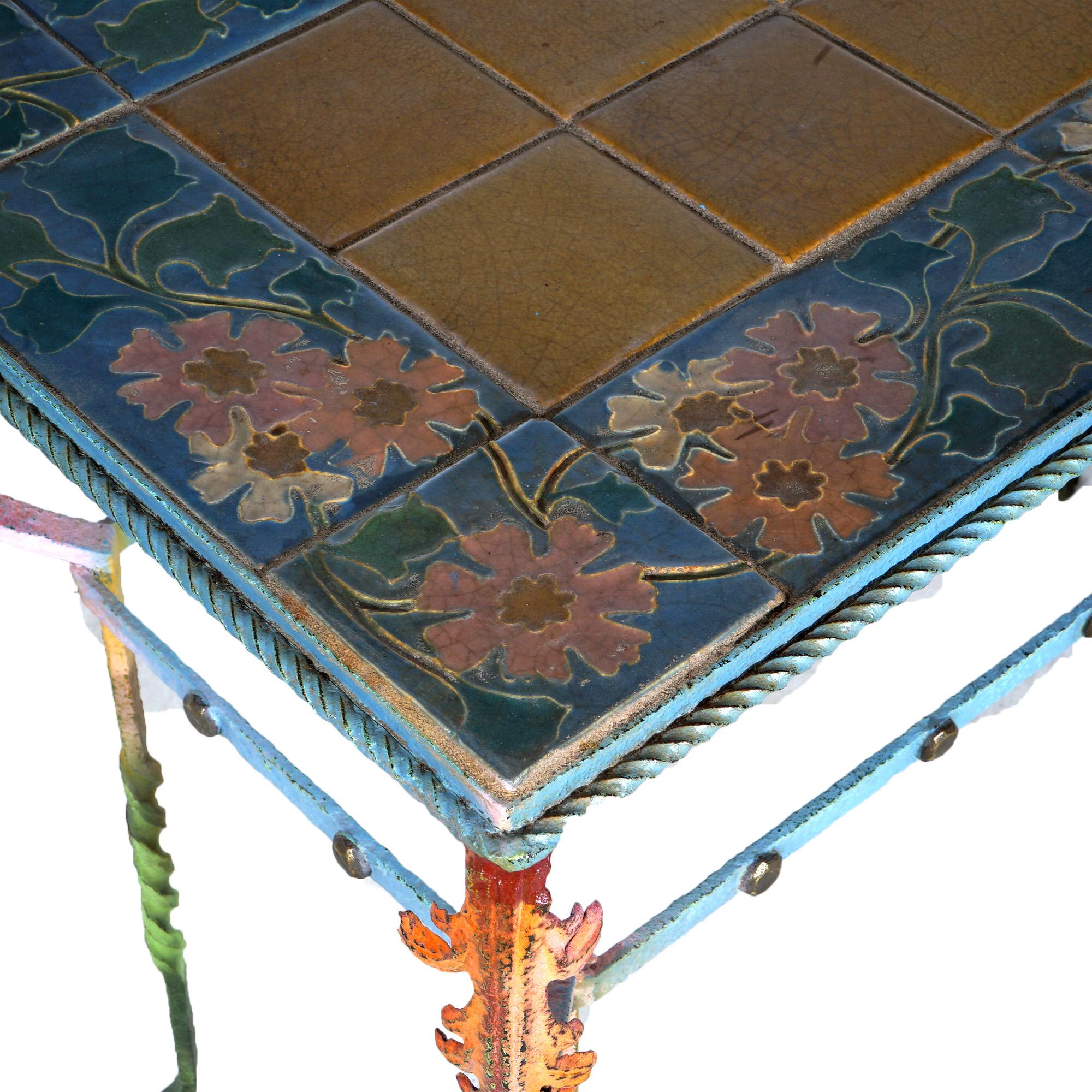 Arts & Crafts Rookwood or Grueby Pottery Tile Top Wrought Iron Table C1910 For Sale 3