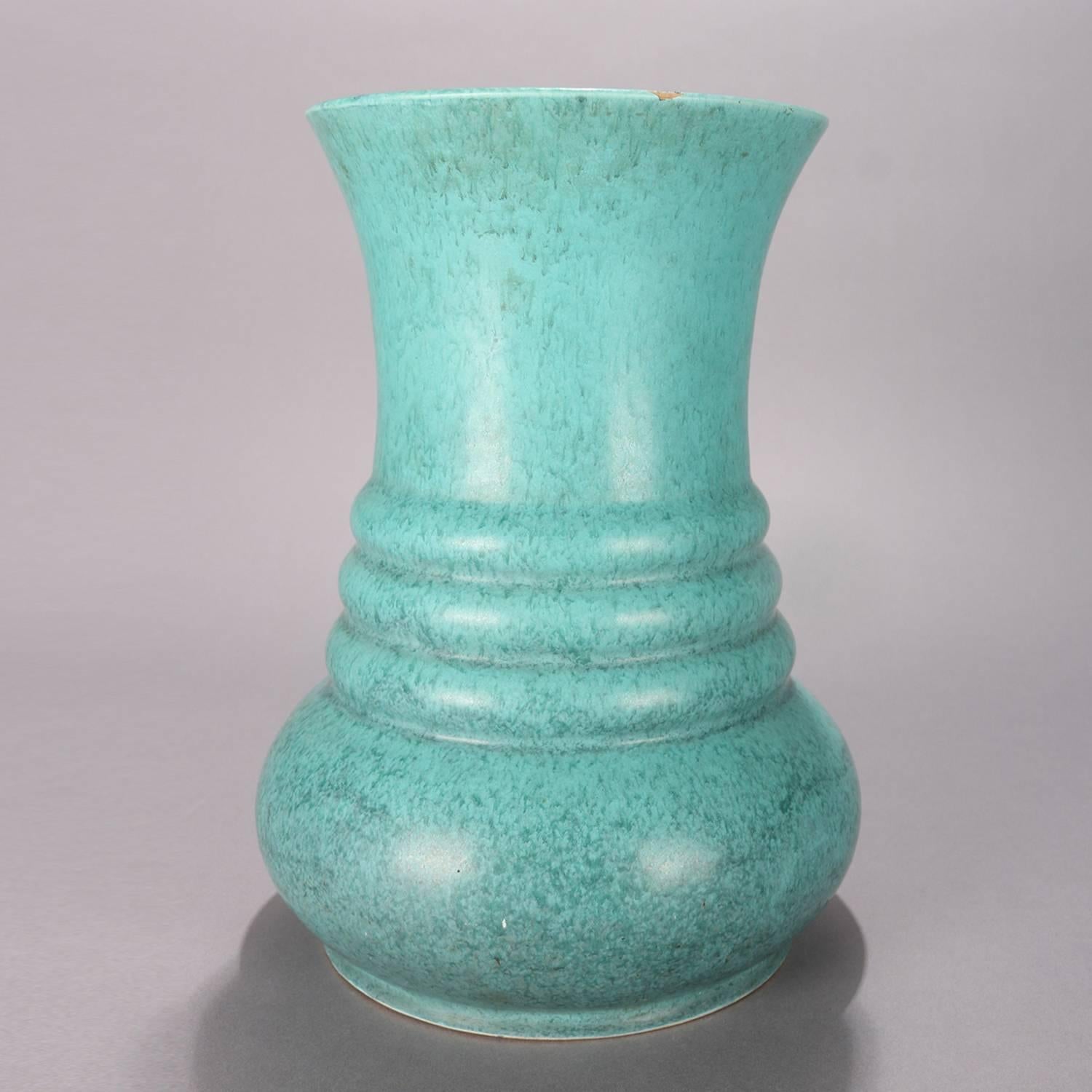Large and early Arts & Crafts art pottery tourmaline elephant leg vase by Roseville Pottery, A-435-10, aqua matte glaze, 