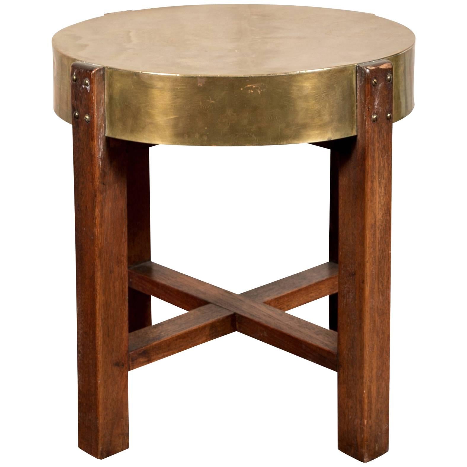 Arts & Crafts Round Mahogany and Brass Side Table