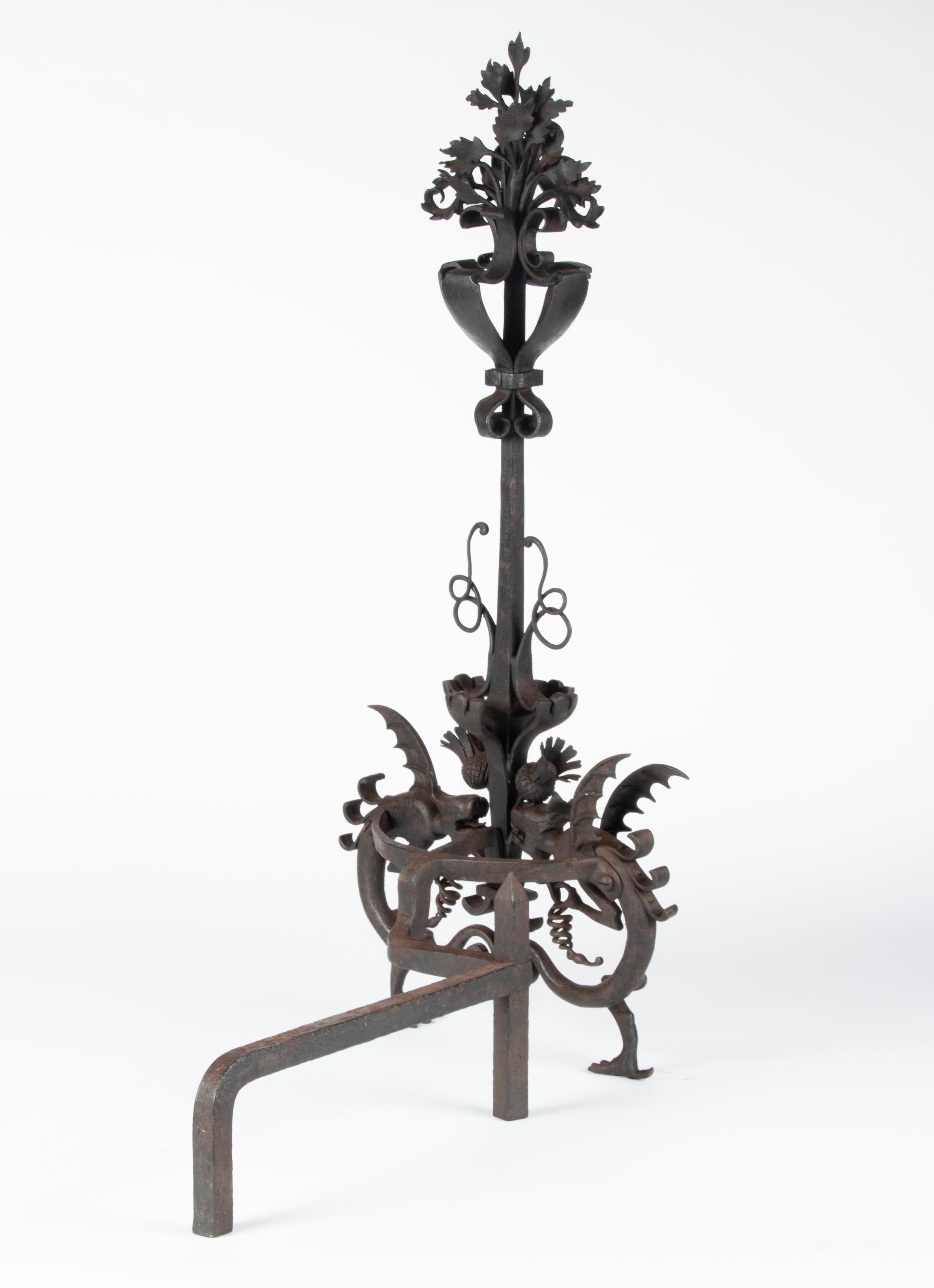 Arts & Crafts Samuel Yellin Style Wrought Iron Dragon Andirons or Fire Dogs For Sale 4