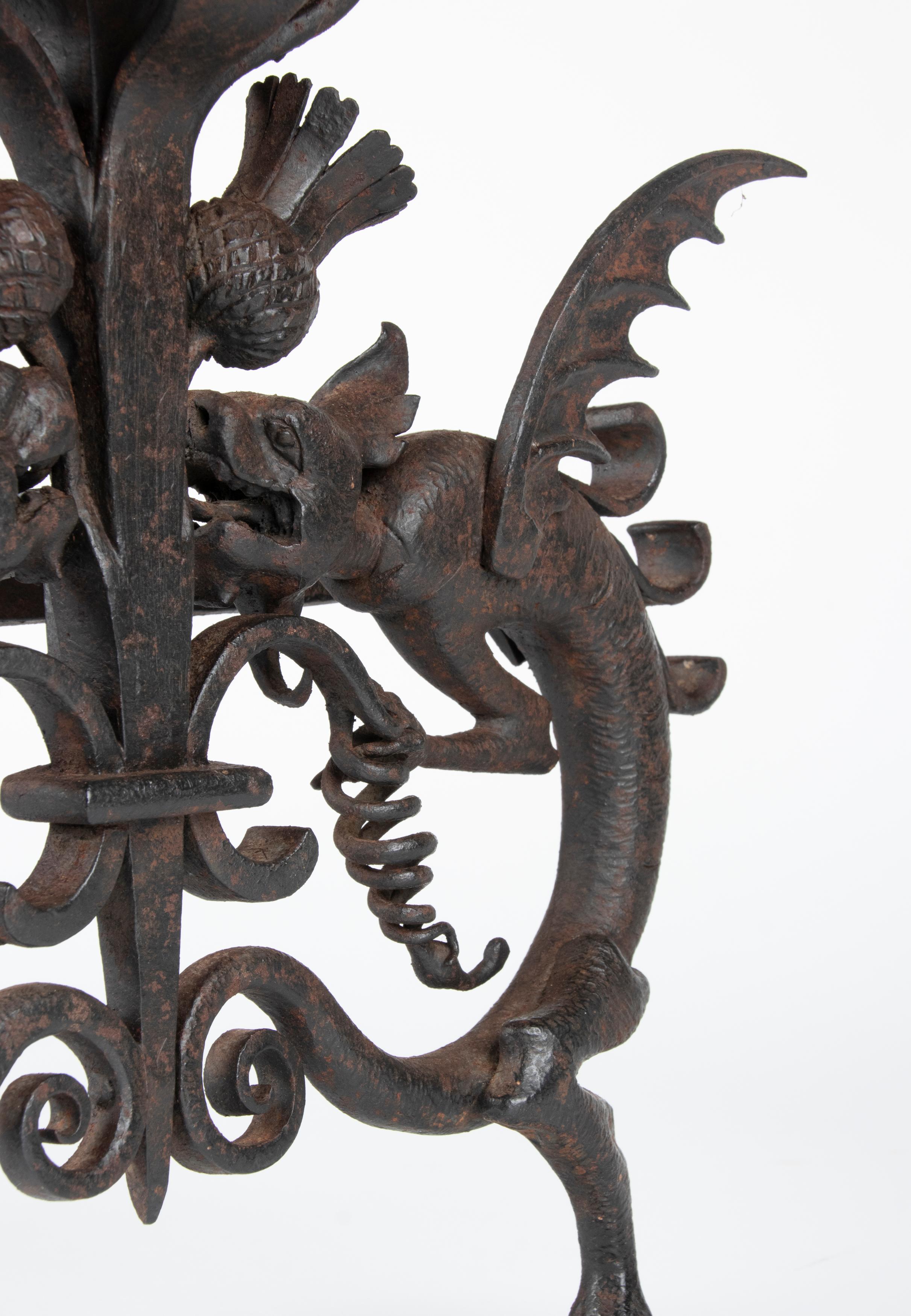 Arts & Crafts Samuel Yellin Style Wrought Iron Dragon Andirons or Fire Dogs For Sale 9