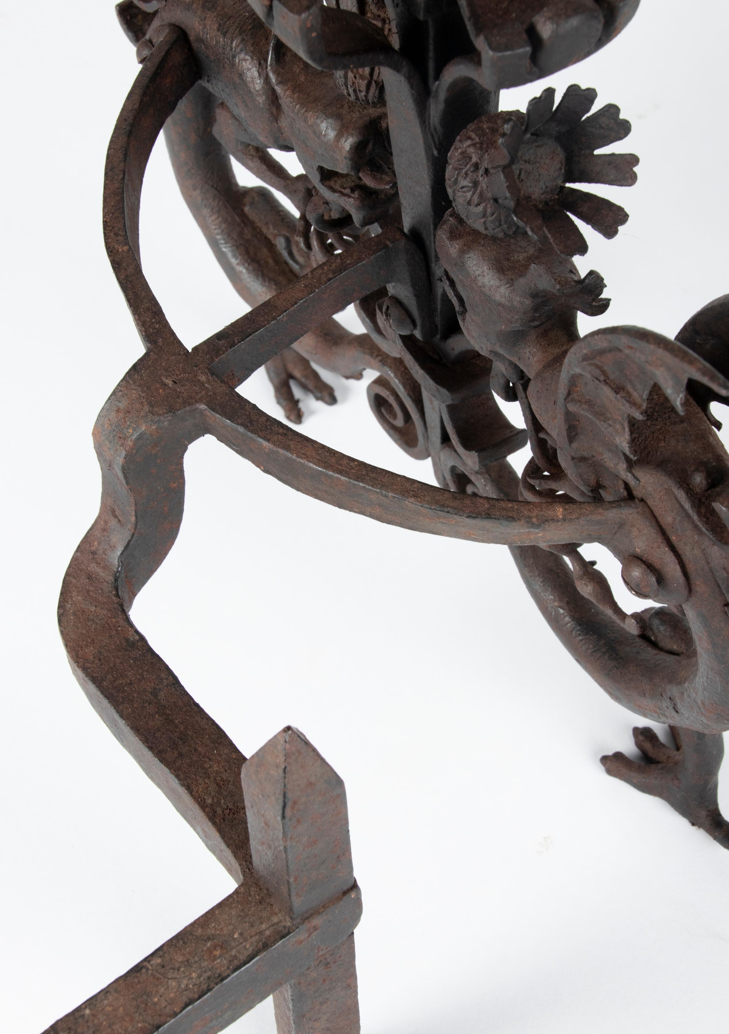 Arts & Crafts Samuel Yellin Style Wrought Iron Dragon Andirons or Fire Dogs For Sale 12