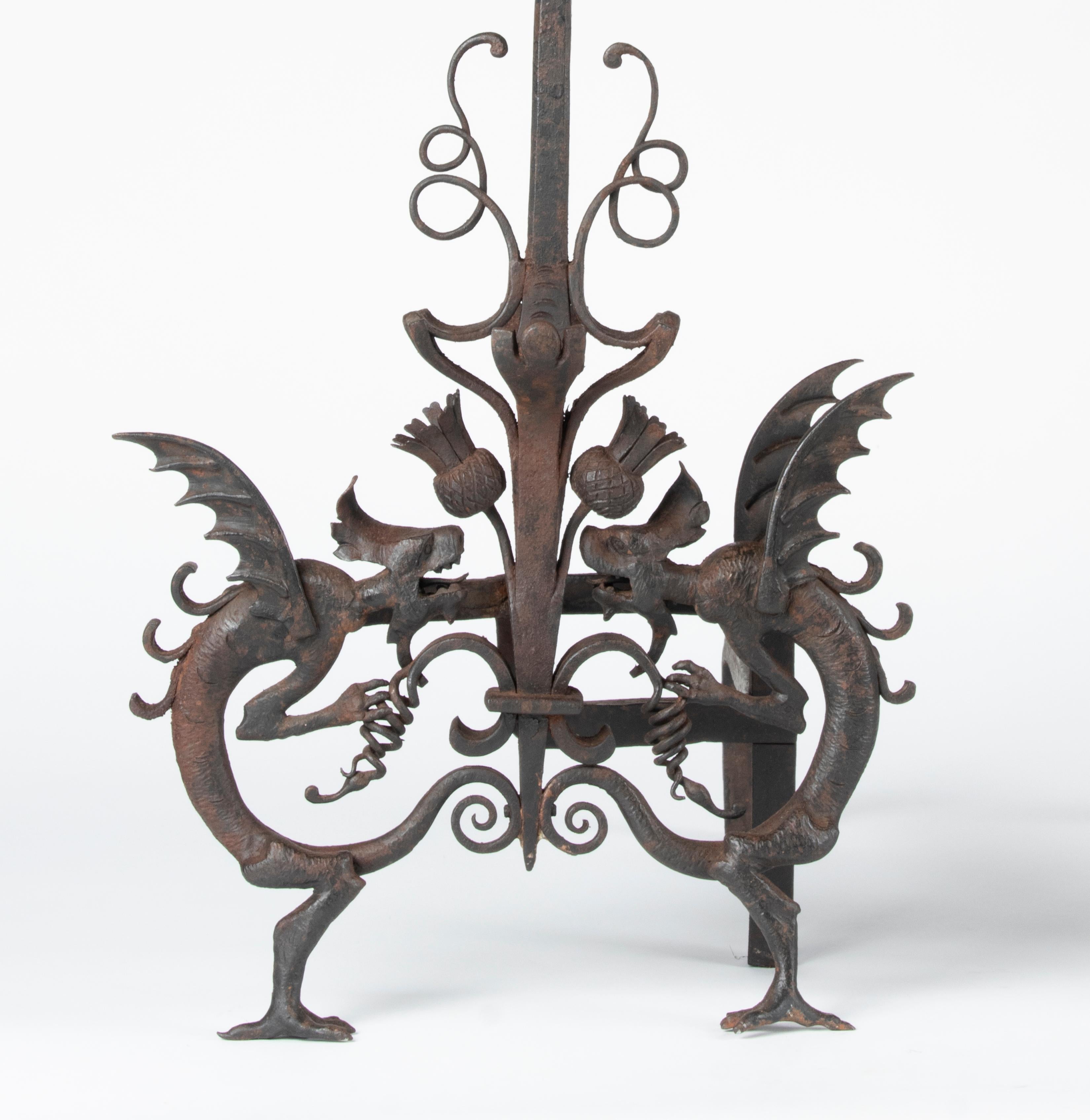 French Arts & Crafts Samuel Yellin Style Wrought Iron Dragon Andirons or Fire Dogs For Sale
