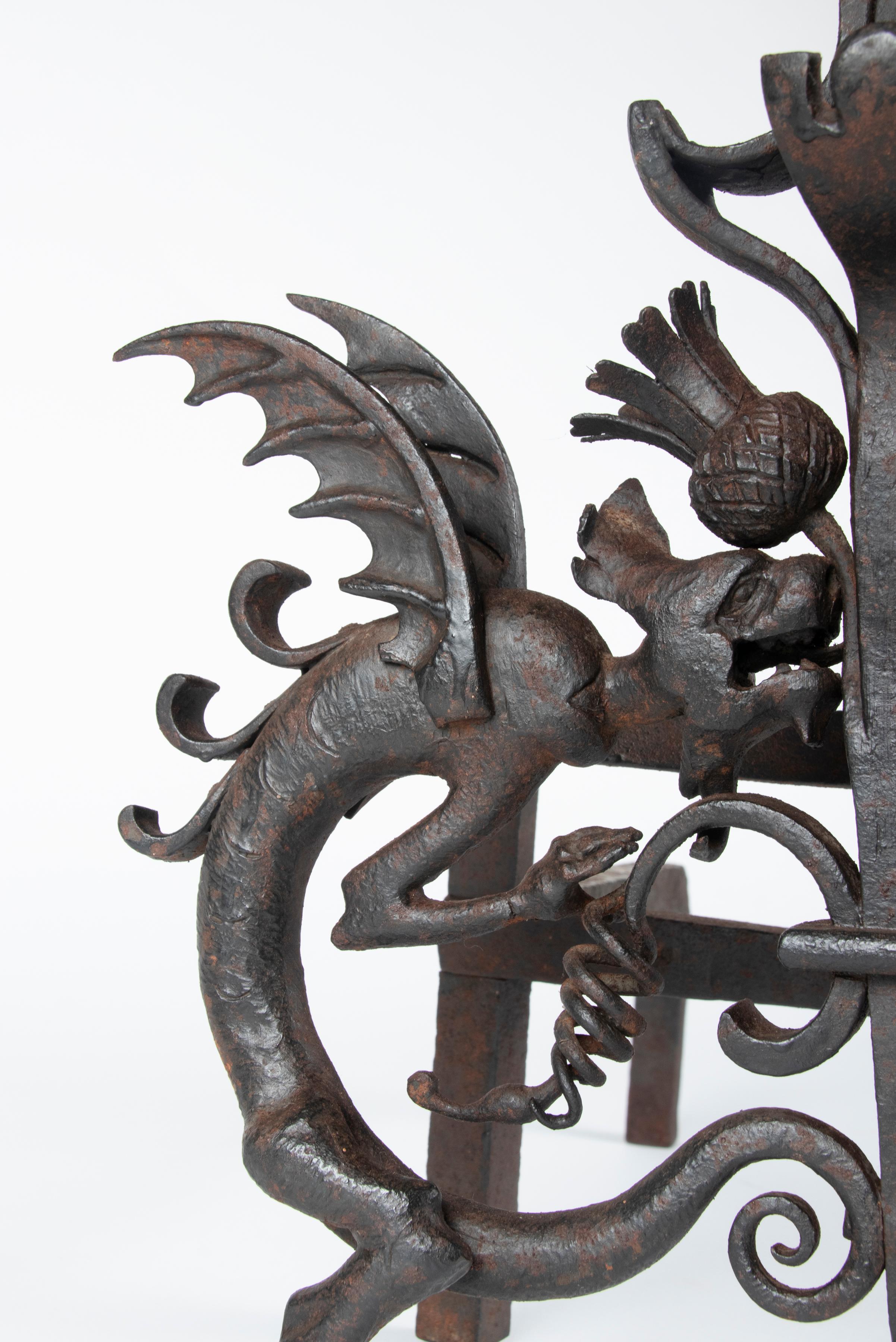 Early 20th Century Arts & Crafts Samuel Yellin Style Wrought Iron Dragon Andirons or Fire Dogs For Sale