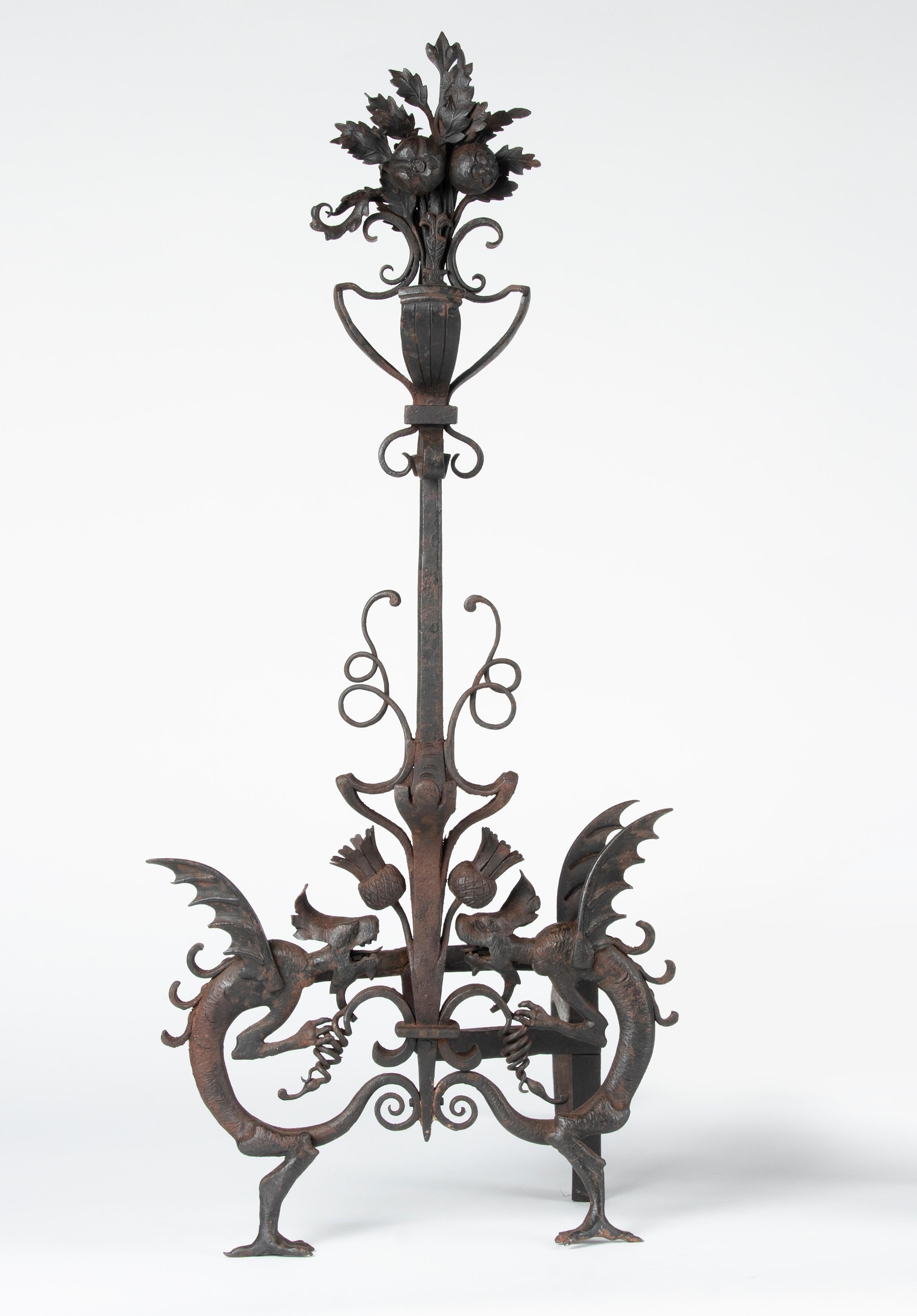 Arts & Crafts Samuel Yellin Style Wrought Iron Dragon Andirons or Fire Dogs For Sale 1