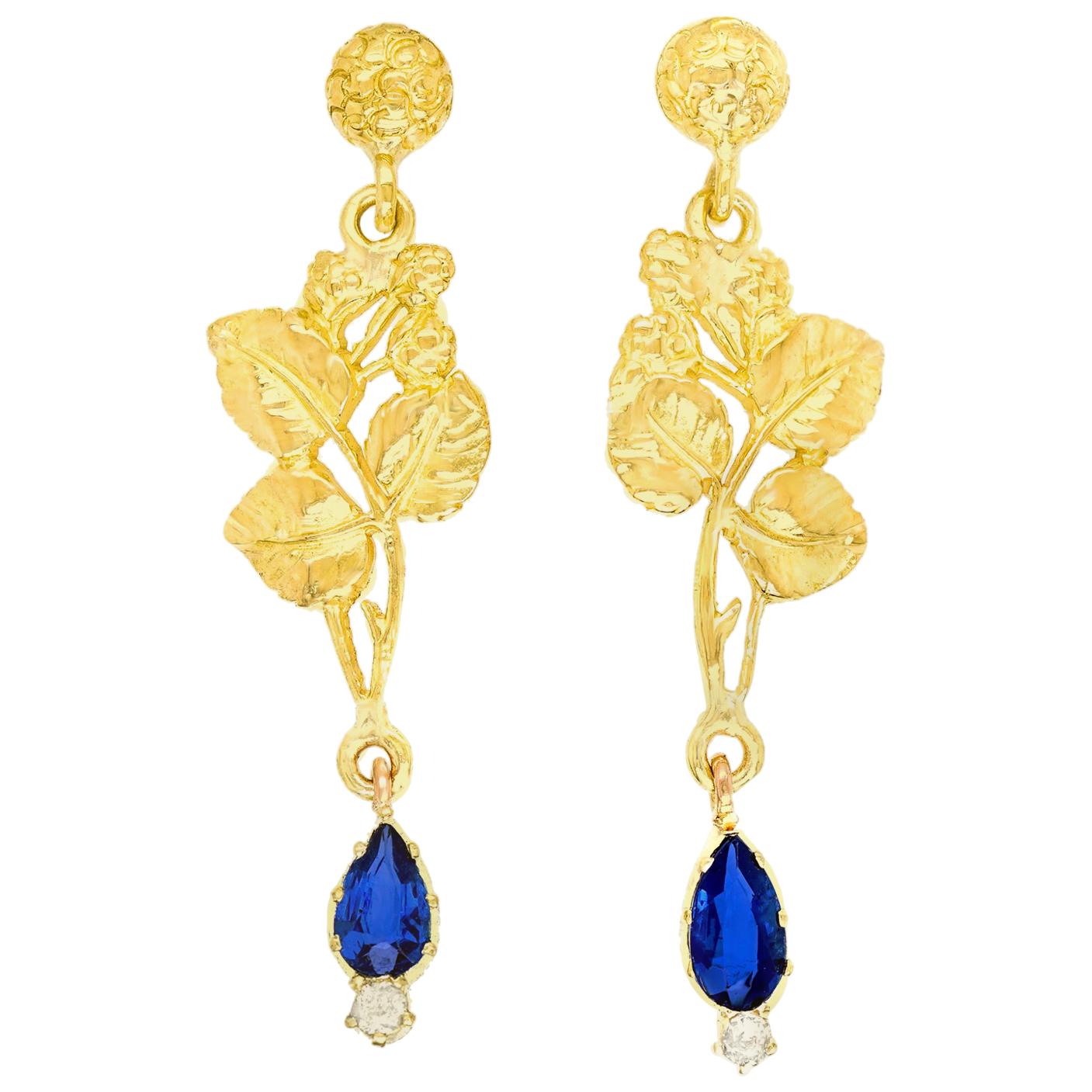 Arts & Crafts Sapphire and Diamond-Set Gold Earrings