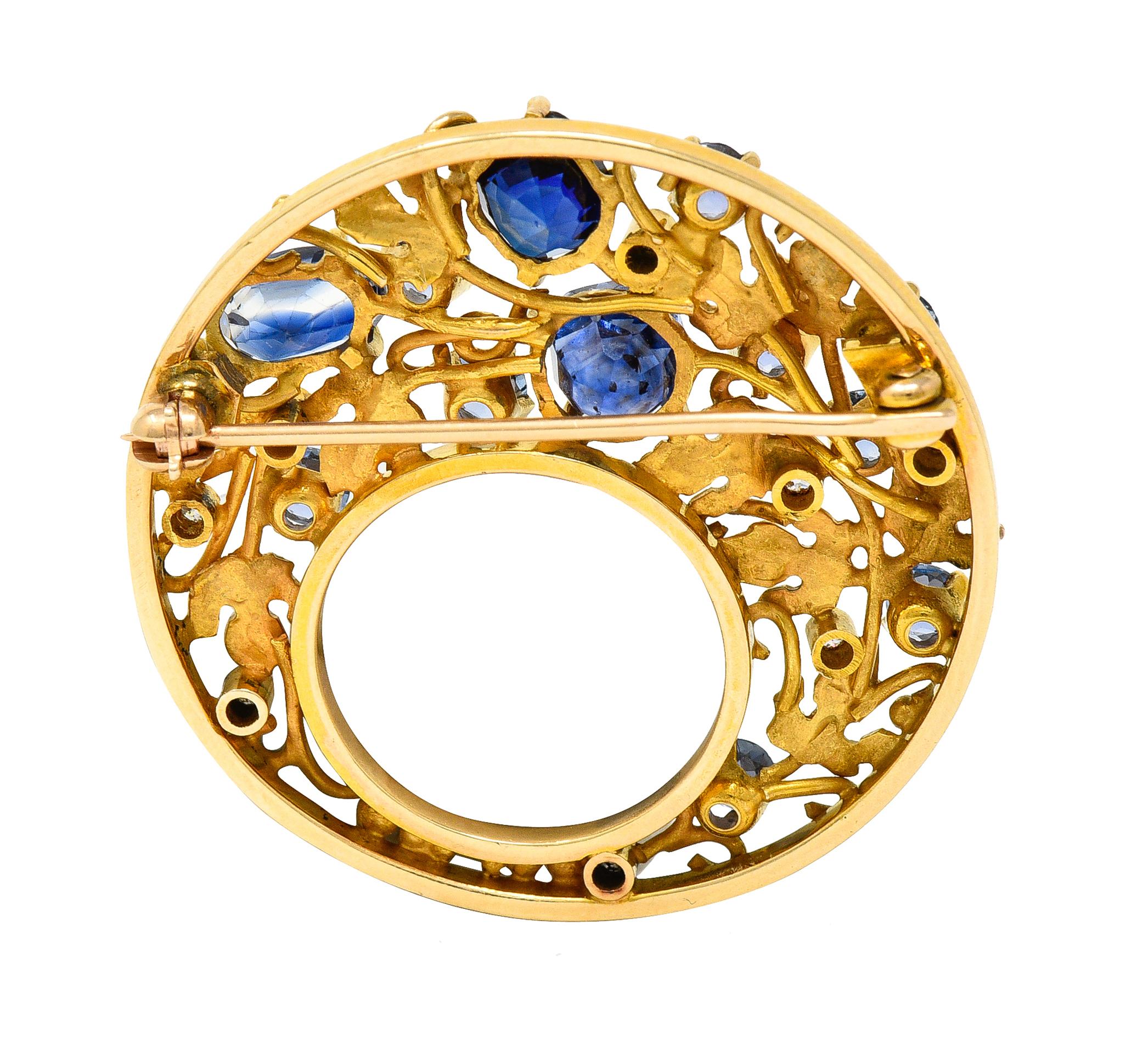 Art Nouveau Arts & Crafts Sapphire Diamond 18 Karat Yellow Gold Ivy Antique Circle Brooch For Sale