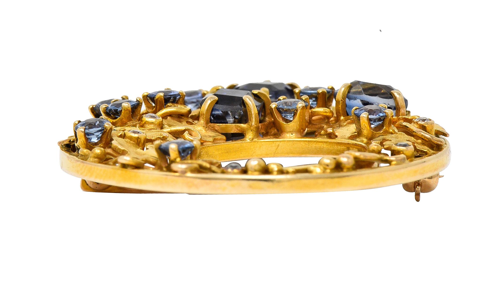 Women's or Men's Arts & Crafts Sapphire Diamond 18 Karat Yellow Gold Ivy Antique Circle Brooch For Sale