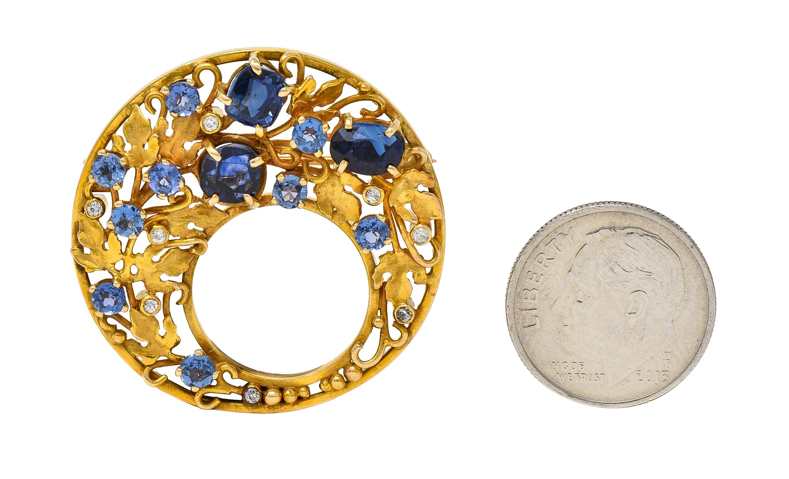 Arts & Crafts Sapphire Diamond 18 Karat Yellow Gold Ivy Antique Circle Brooch For Sale 1