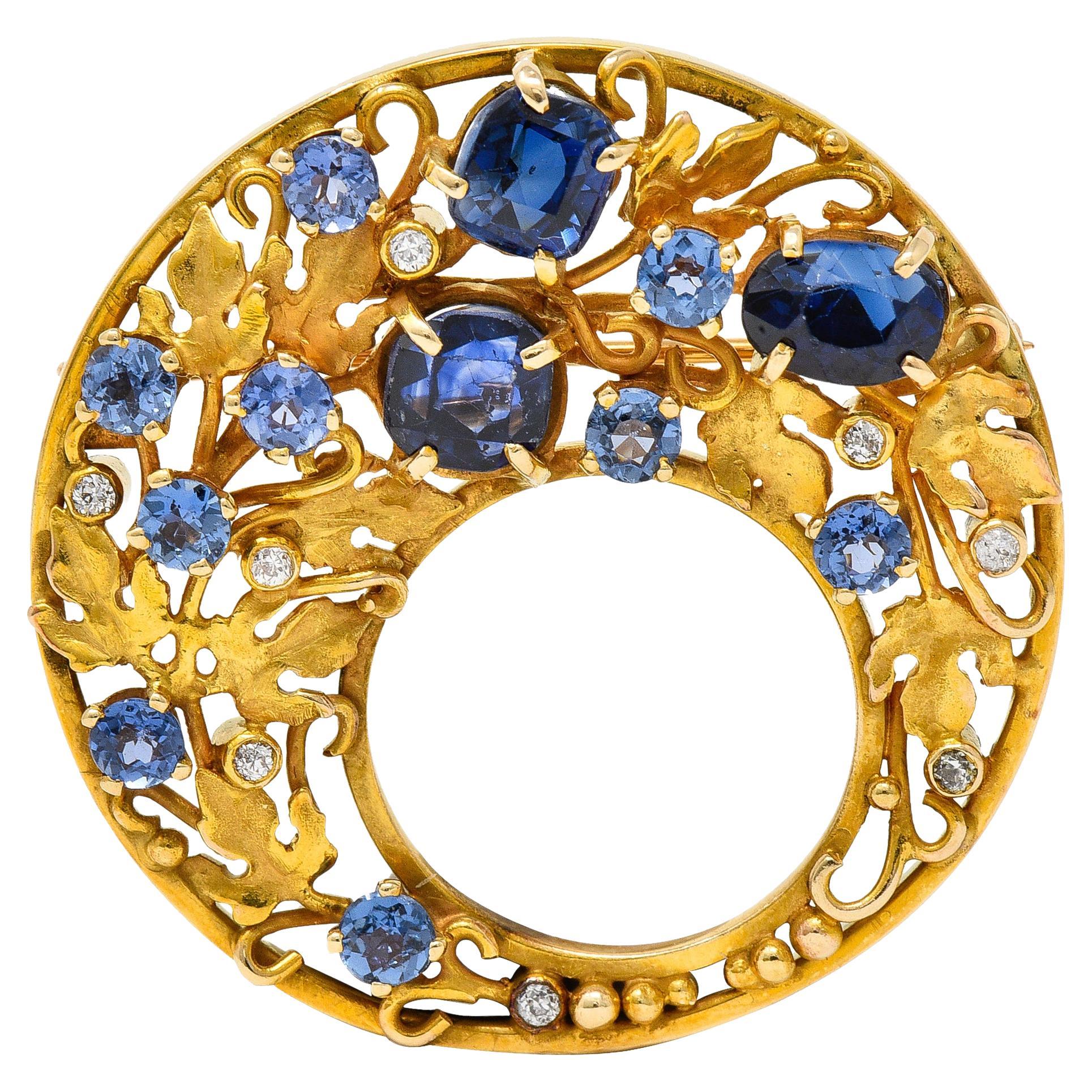 Arts & Crafts Sapphire Diamond 18 Karat Yellow Gold Ivy Antique Circle Brooch For Sale