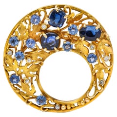 Arts & Crafts Sapphire Diamond 18 Karat Yellow Gold Ivy Antique Circle Brooch