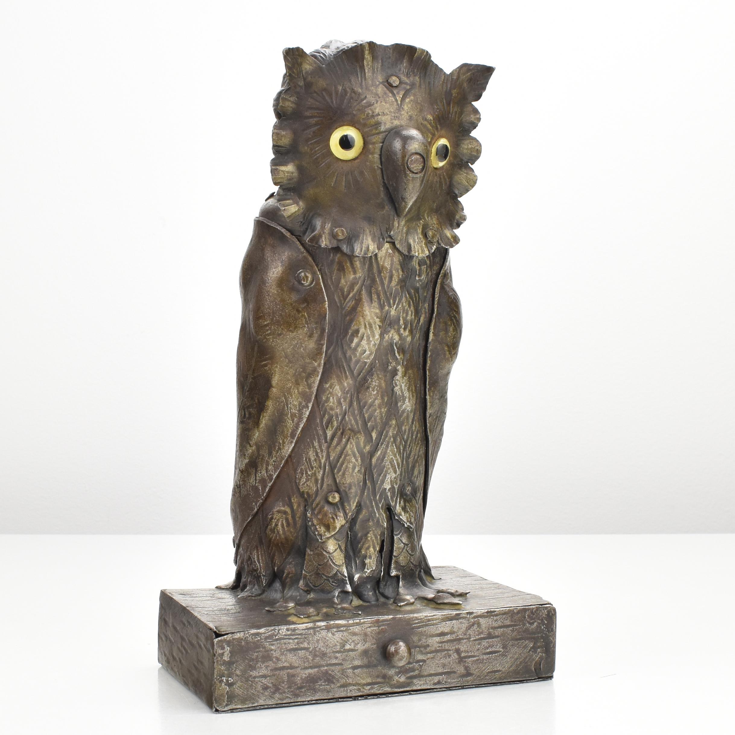 Arts and Crafts Arts & Crafts Sculptural Owl Forged Iron Inkwell by Goberg Hugo Berger Antique  For Sale