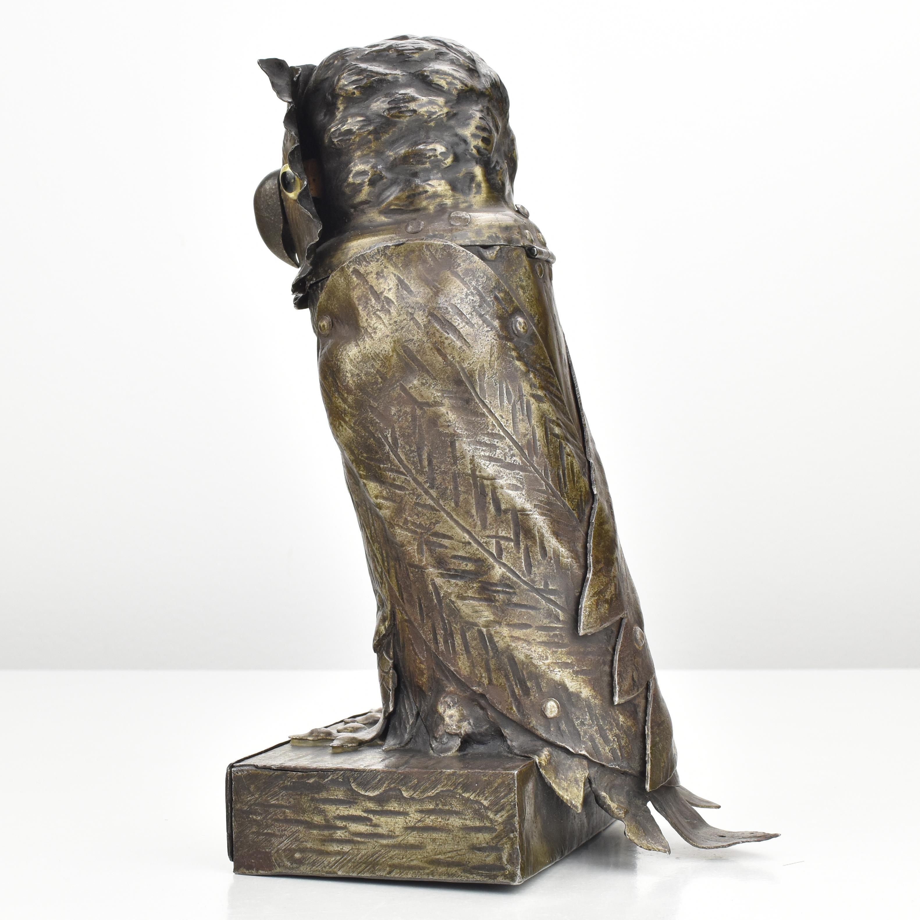 Metal Arts & Crafts Sculptural Owl Forged Iron Inkwell by Goberg Hugo Berger Antique  For Sale