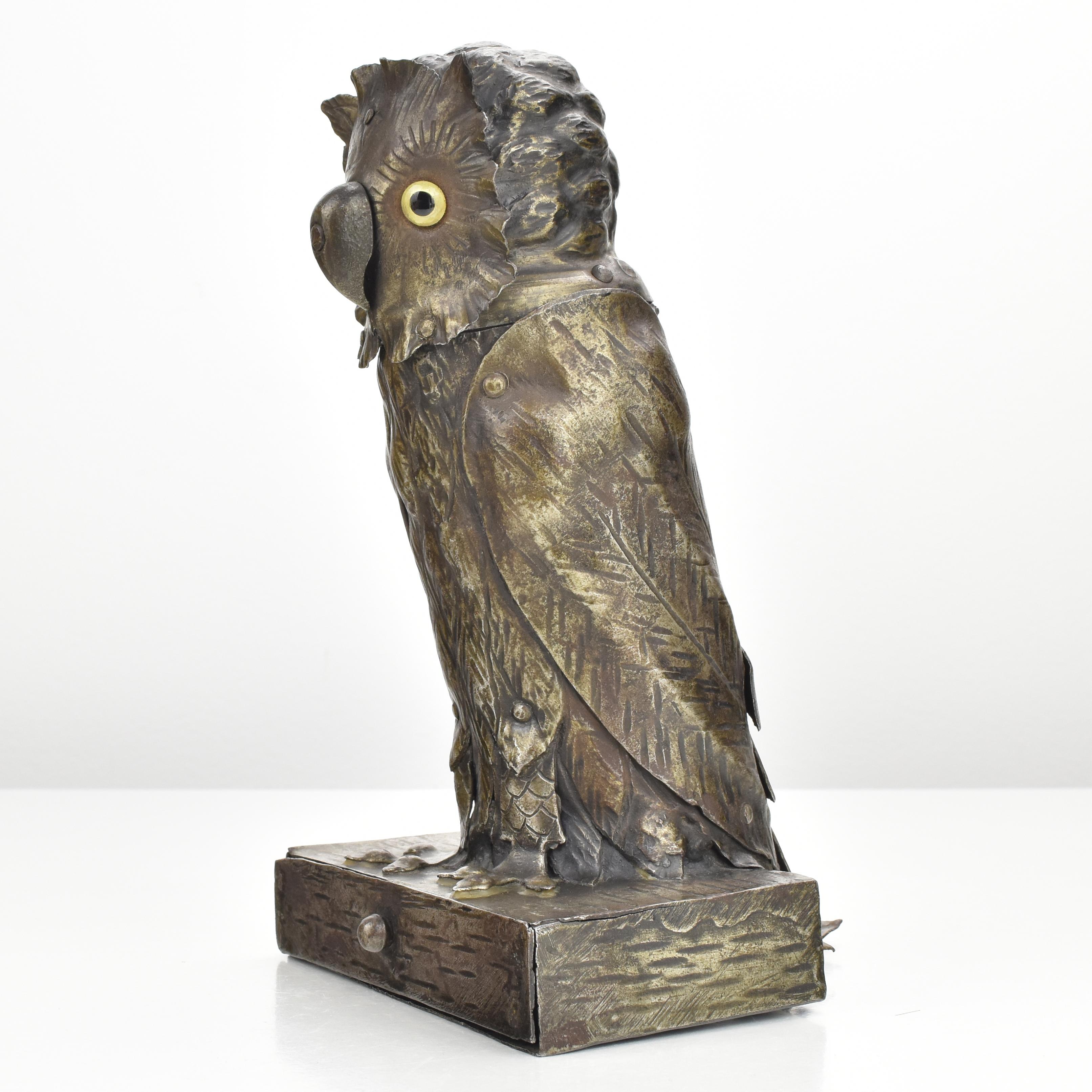 Arts & Crafts Sculptural Owl Forged Iron Inkwell by Goberg Hugo Berger Antique  For Sale 1