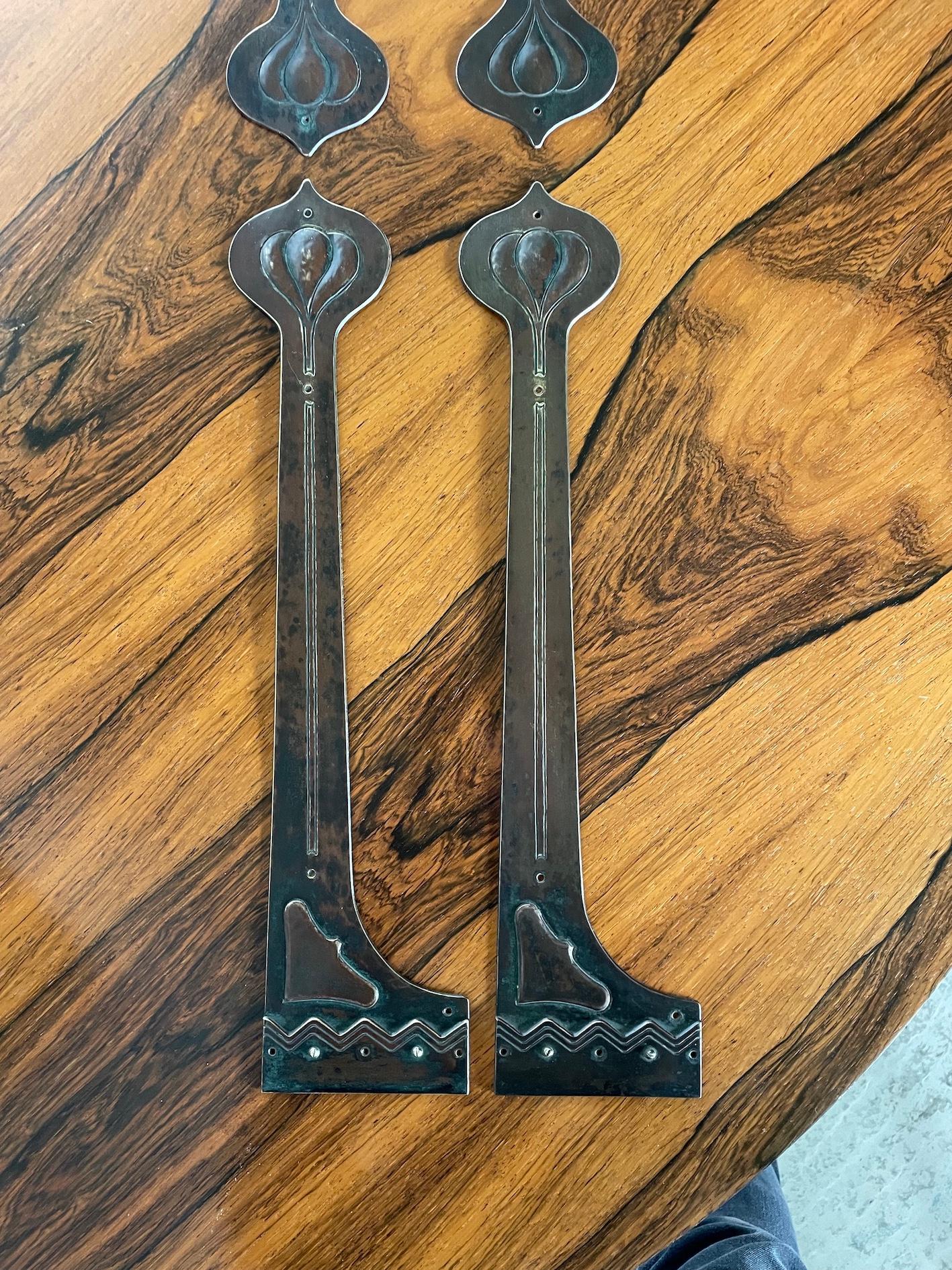English Arts & Crafts Set of 4 Patinated Brass Strap Hinges For Sale