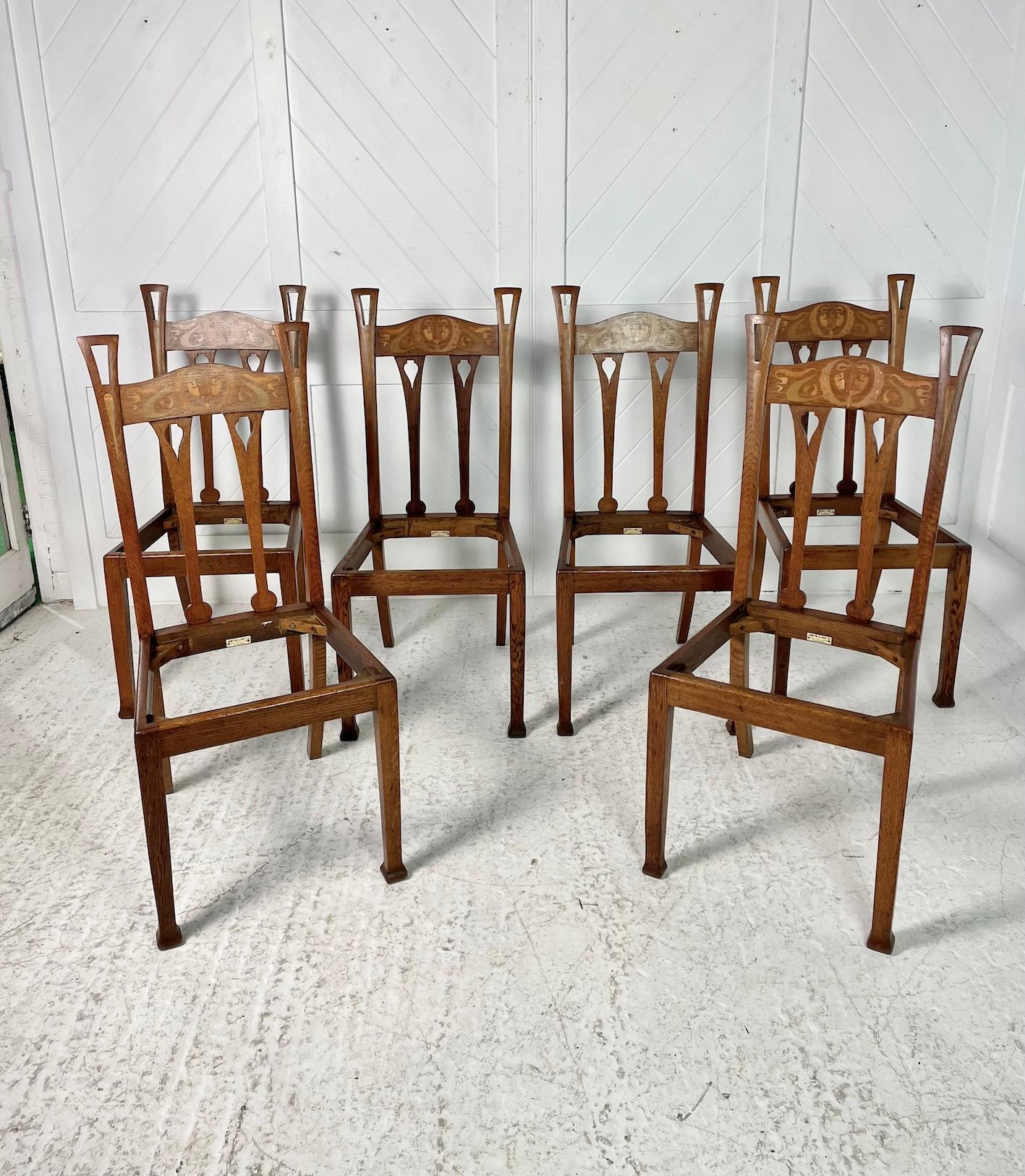 Arts & Crafts Set of 6 Inlaid Oak Dining Chairs 3