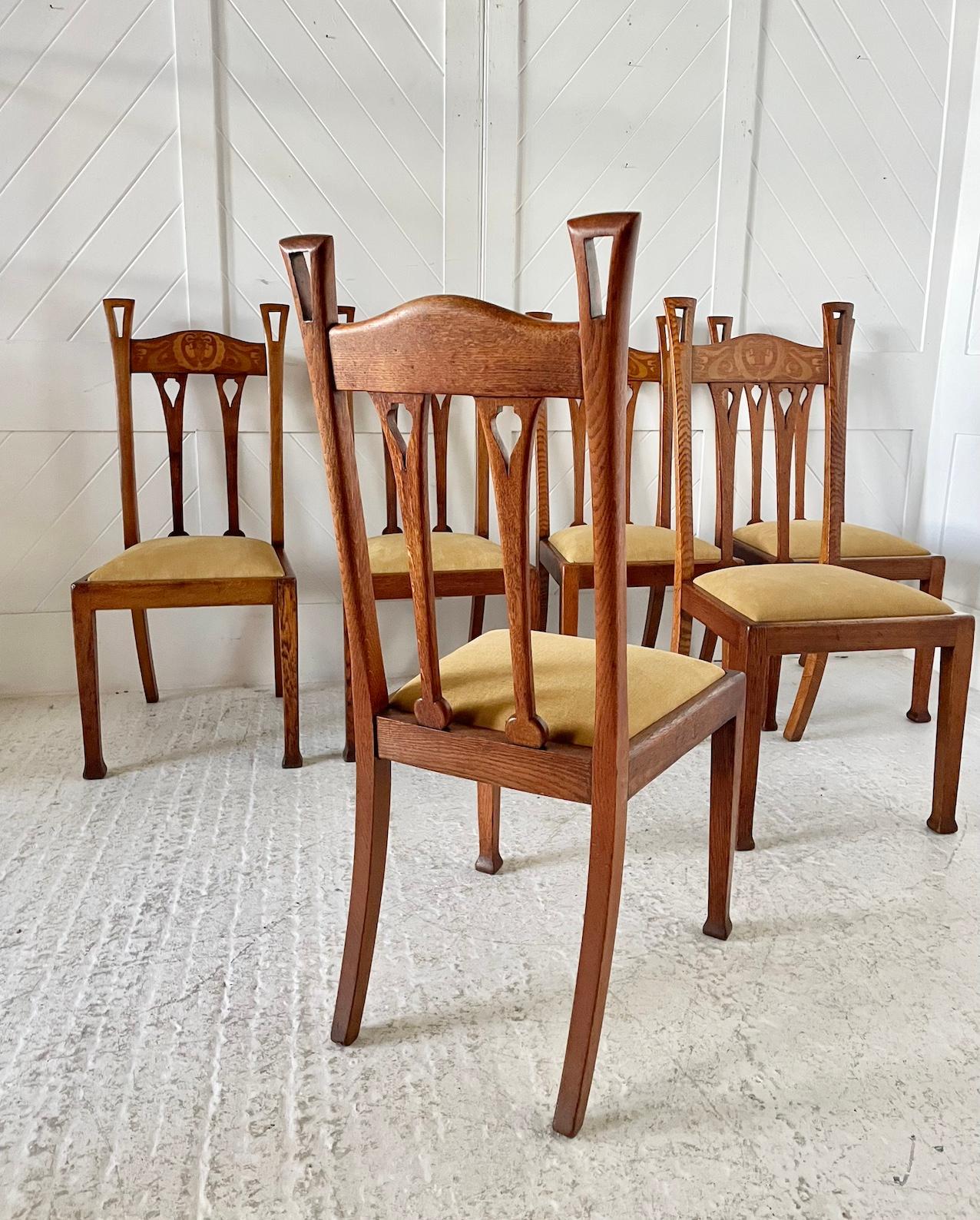 Early 20th Century Arts & Crafts Set of 6 Inlaid Oak Dining Chairs